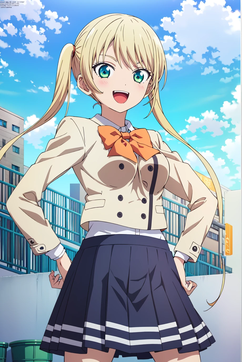 (extremely detailed CG unity 8k wallpaper), (masterpiece), (best quality), (ultra-detailed), (best illustration), (best shadow), (absurdres), 1girl, solo, <lora:mirika-10:0.7>,mirika, 1girl, solo, skirt,outdoor background, blonde hair, open mouth, school uniform, twintails, hand on hip, long hair, smile, pleated skirt, bow, blue skirt, looking at viewer, shirt, bowtie, long sleeves, :d, jacket, bangs, standing, blush, green eyes, white shirt, buttons, orange bow, hand on own chest, aqua eyes, <lora:add_detail:0.1>