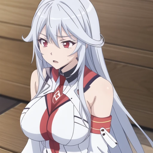 (masterpiece, best quality:1.2),illustration,8k,hd,1girl,solo,upper body,(portrait:1.2),very_long_hair,large_breasts,red_eyes,school_uniform,white_hair,necktie,red_necktie,skirt,bare_shoulders,boots,detached_sleeves,sleeveless,black_thighhighs,zettai_ryouiki,thigh_boots,garter_straps,<lora:Aine Chidorigafuchi:0.8>,