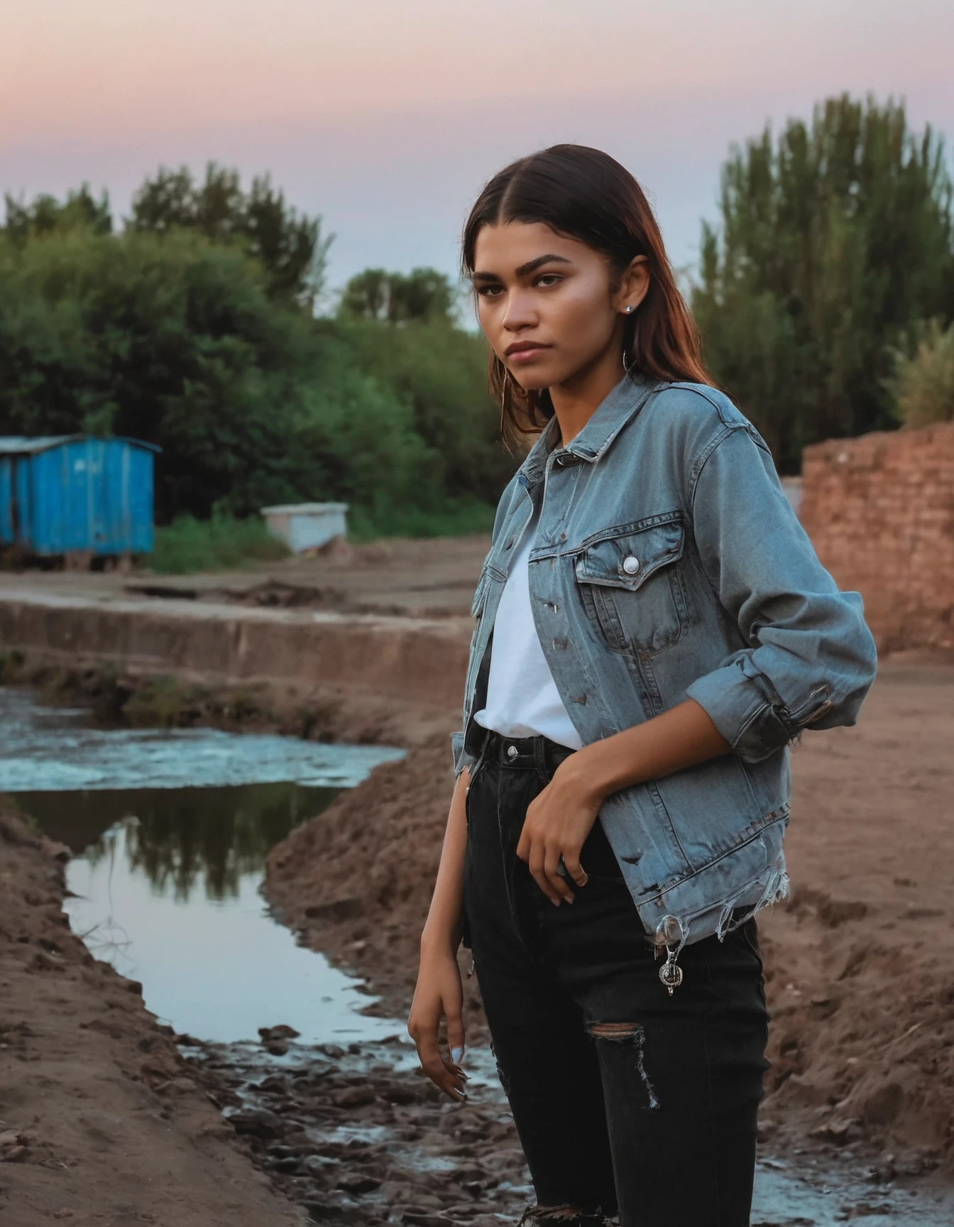professional fashion close-up portrait photography of a young beautiful ((ohwx woman)) <lora:zendaya_lora_sdxl_v1-000008:1> at irrigation canal during Late night, Nikon Z9