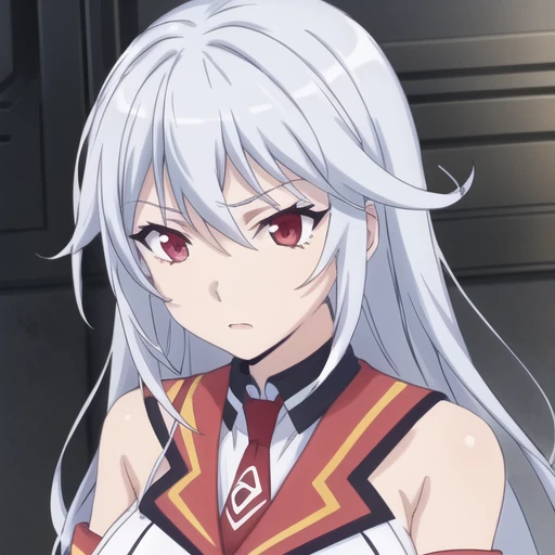 (masterpiece, best quality:1.2),illustration,8k,hd,1girl,solo,upper body,(portrait:1.2),very_long_hair,large_breasts,red_eyes,white_school_uniform,white_hair,necktie,red_necktie,skirt,bare_shoulders,boots,detached_sleeves,sleeveless,black_thighhighs,zettai_ryouiki,thigh_boots,garter_straps,<lora:Aine Chidorigafuchi:0.8>,