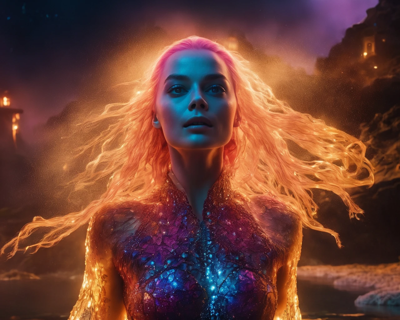 margot_robbie, <lora:MargotRobbieXL:1>,Portrait, drenched body, mystic woman emerging from water, dark fantasy, regal, fractal crystal, fractal gemstones, multicoloured hair, night, neon sign backlight, looking at the viewer, side lighting, complex hairstyle, midnight ,((explosion,mystic cloud in background)),, ((sharp face, detailed face, realistic face, naturtal skin, realistic skin, detailed skin, pores, detailed eyes,realistic eyes)),