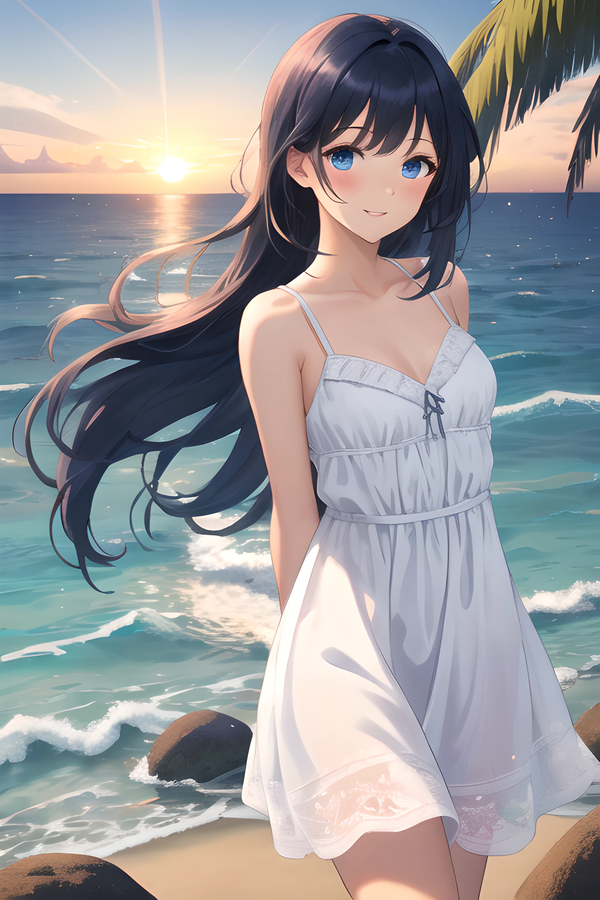 (masterpiece, best quality, absurdres, ultra detailed, intricate details, beautiful, finely detailed:1.5), 1girl, dark blue hair, blue eyes, very long straight hair, asymmetrical bangs, medium breasts, toned, beach, ocean, reflective water, palm tree, rock, summer, evening, sunset, wind, arms behind back,  walking, looking at viewer, blush, light smile, parted lips, white sundress, cowboy shot,