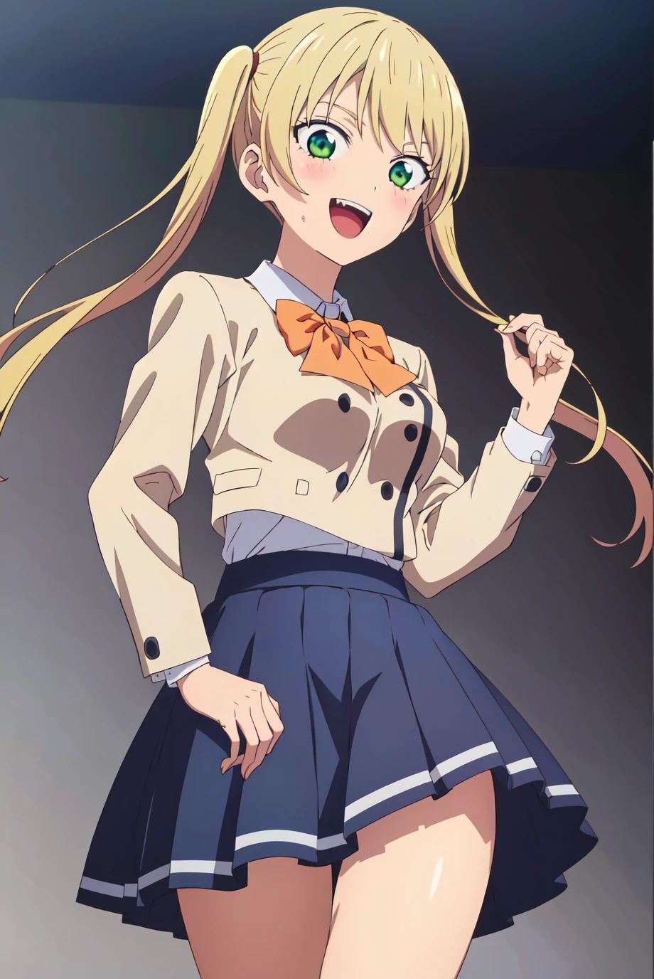 (extremely detailed CG unity 8k wallpaper), (masterpiece), (best quality), (ultra-detailed), (best illustration), (best shadow), (absurdres), 1girl, solo, <lora:mirika-10:0.7>,mirika, 1girl, solo, blonde hair, twintails, green eyes, open mouth, skirt, smile, long hair, school uniform, breasts, looking at viewer, blue skirt, bow, cute background, orange bow, bangs, :d, long sleeves, bowtie, orange bowtie, blush, teeth, hand up, <lora:add_detail:0>