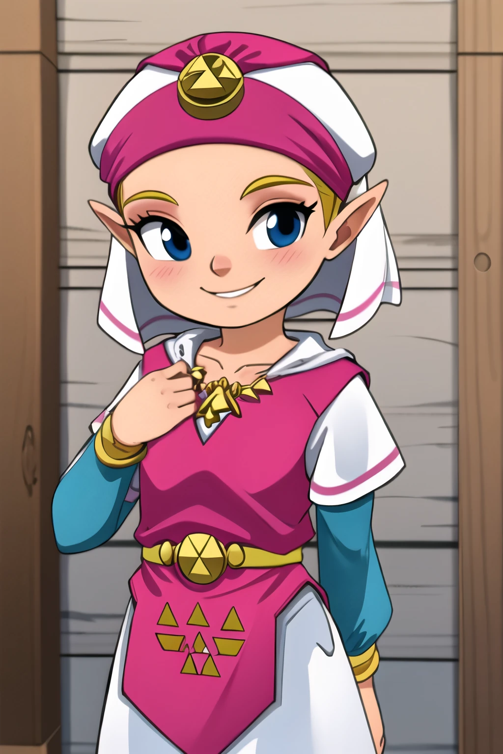 <lora:BloodyMen:1> bloodymen, 1girl, solo, masterpiece, looking at viewer, blush, happy, smiling, <lora:young_zelda_v1:1> princess zelda, nintendo, the legend of zelda, oot, young zelda,