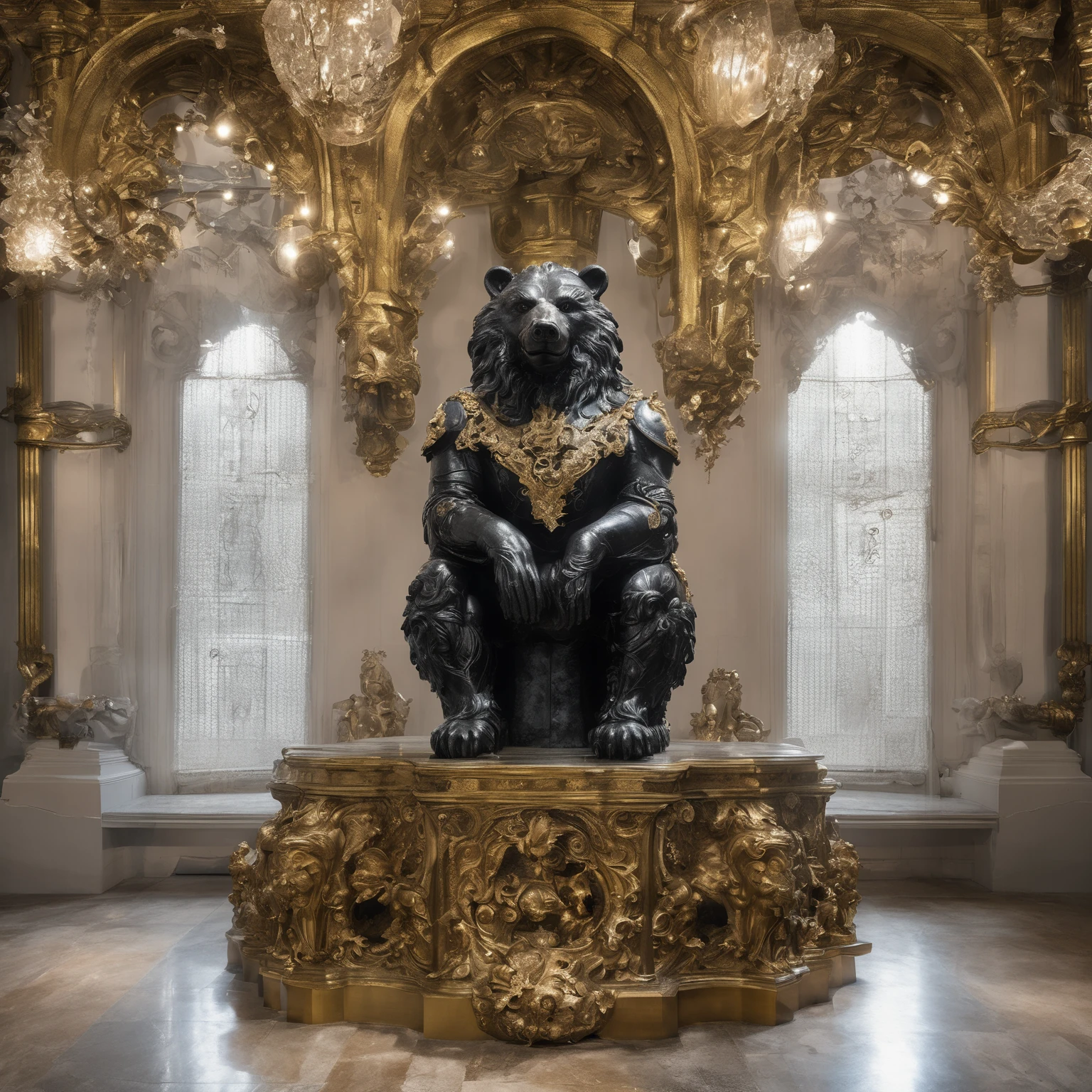 a photo of a ceramic plastic bear shaped baroque full-face rococo statueof sauron in gothic new york city by basil gogos benning armor spider horse trending ancient gothic sculpture iron shiny metal cgsociety