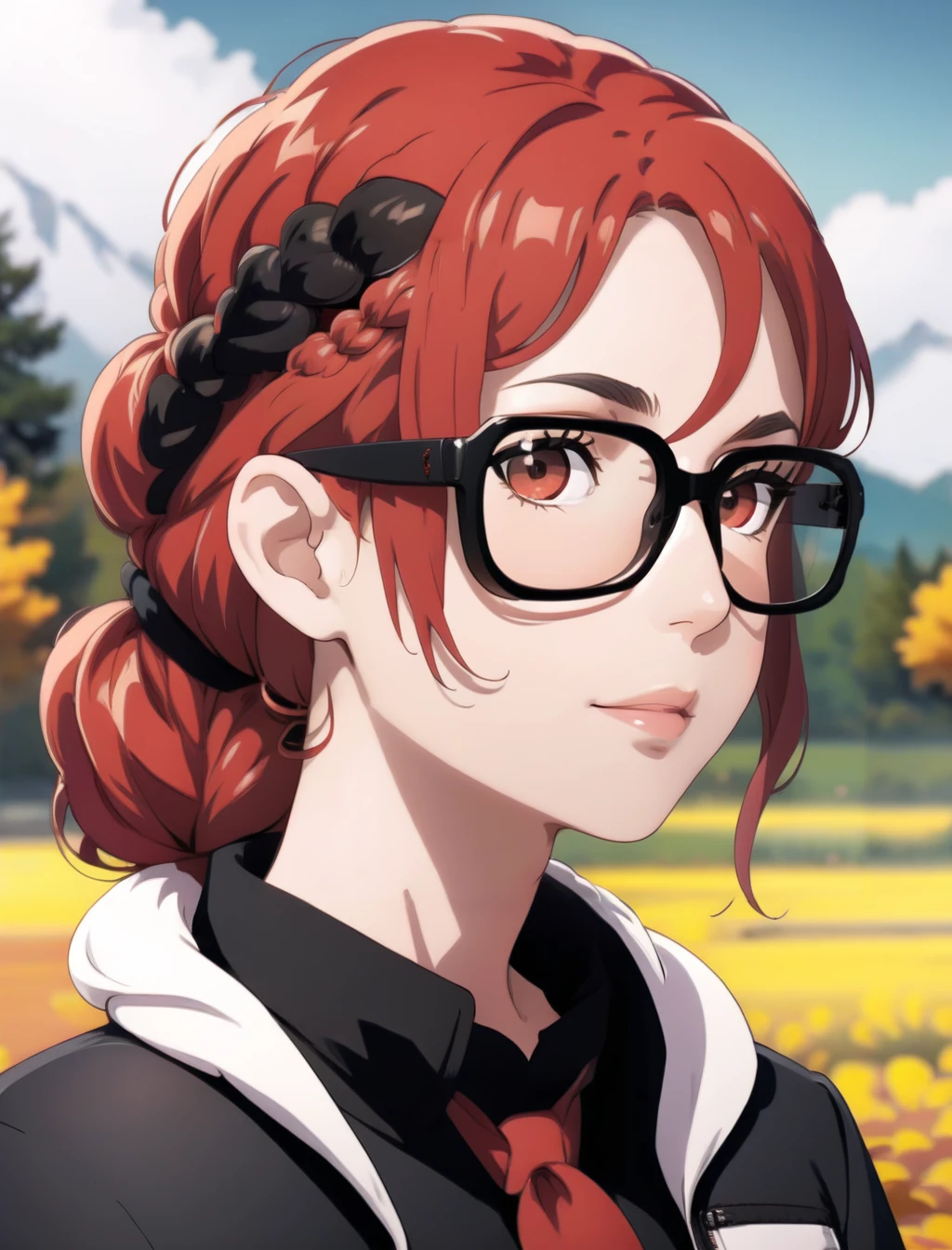 1girl, solo, light red hair, eyewear, jacket, close up, cute, french braid, autumn background, masterpiece, best quality,