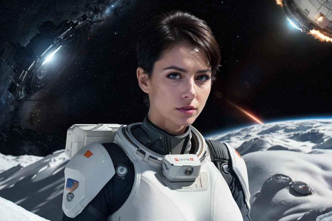 Masterpiece, highest quality, panoramic, erotic portrait photo of a (futuristic female special forces space soldier with short black hair), looking at viewer, serious expression, makeup, [[freckles]], detailed facial features, (wearing off-white and red Nano combat suit, skintight), athletic body, large breasts, cleavage, (downblouse:0.8), detailed skin, pale skin tone, glowing ancient alien artifact in background, nuclear fusion, wanderlust, (mountains:1.1), snow, ice planet, (lens flare:0.5), (bloom:0.6), particle effects, raytracing, (cinematic lighting:1.1), Eyelight, sharp shadows, ambient light, photographed on a Kodak PIXPRO FZ152 16MP Digital Camera, 85mm T1.5 Cine Lens, (hyperdetailed, highly detailed, intricate), during the day, Cinestill 800T, (sci-fi), sharp focus, film still from Gravity 2013, HDR, 8k, front view, eye focus