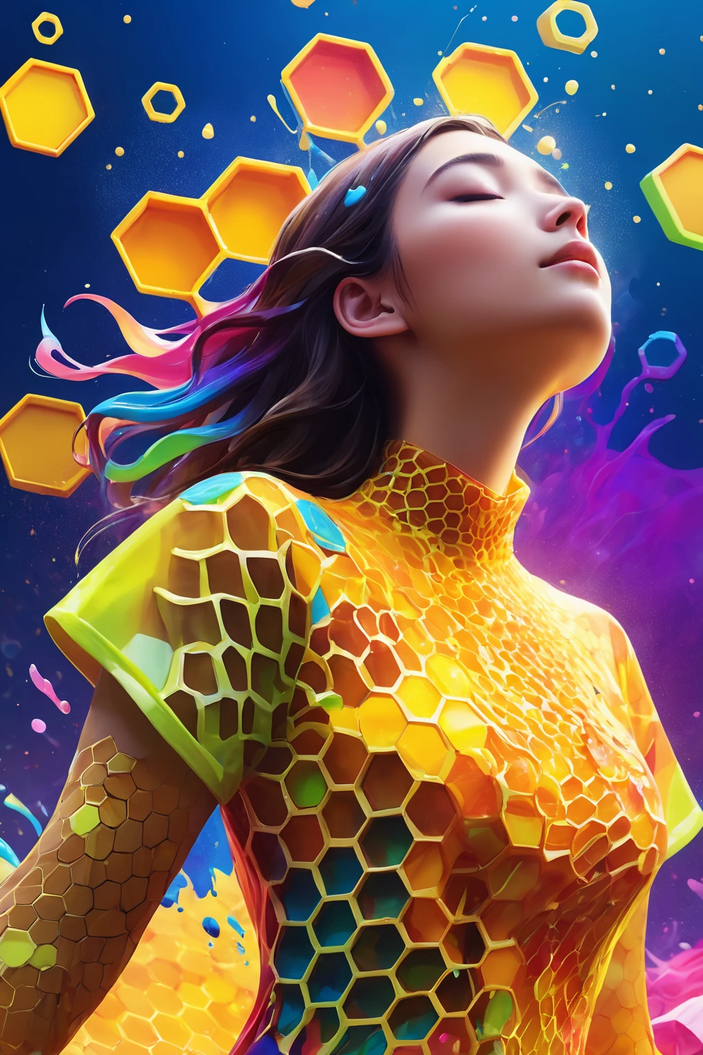 masterpiece, best quality, 1girl, closed eyes, upper body, splashing, abstract, psychedelic, neon, (honeycomb pattern), (creative:1.3), sy3, SMM, fantasy00d, hands behind back,