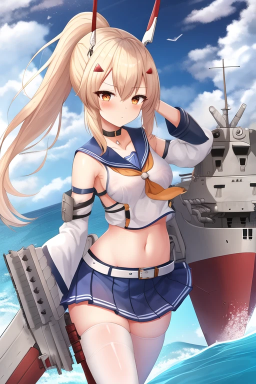 masterpiece, best quality, highres, solo, {ayanami_azurlane:1.10}, long_hair, ponytail, headgear, bangs, hair_between_eyes, sidelocks, hair_ornament, blonde_hair, breasts, blush, orange_eyes, midriff, retrofit_\(azur_lane\), navel, serafuku, red_eyes, 1girl, belt, blue_skirt, detached_sleeves, holding, holding_sword, holding_weapon, pleated_skirt, school_uniform, skirt, sword, thighhighs, weapon, white_thighhighs, wide_sleeves, choker, cloud, cloudy_sky, machinery, ocean, sailor_collar, sky, torpedo_tubes, turret, bandaid, bandaid_on_arm, bare_shoulders, blue_sailor_collar, crop_top, high_ponytail, rigging