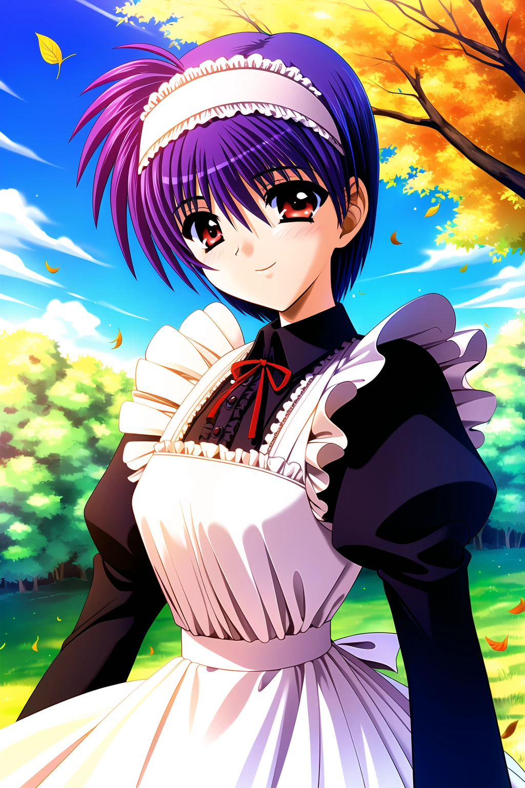 ((masterpiece, high quality, best quality)),
1girl, maid, light purple hair, short hair, leaf, apron, long sleeves, dress, day, frills, outdoors, red eyes, maid headdress, wind, sky, hairband, tree, ribbon, smile, cloud, holding, puffy sleeves, looking at viewer, sunlight,
<lora:tsuzuki-style_v1.0:1.0>