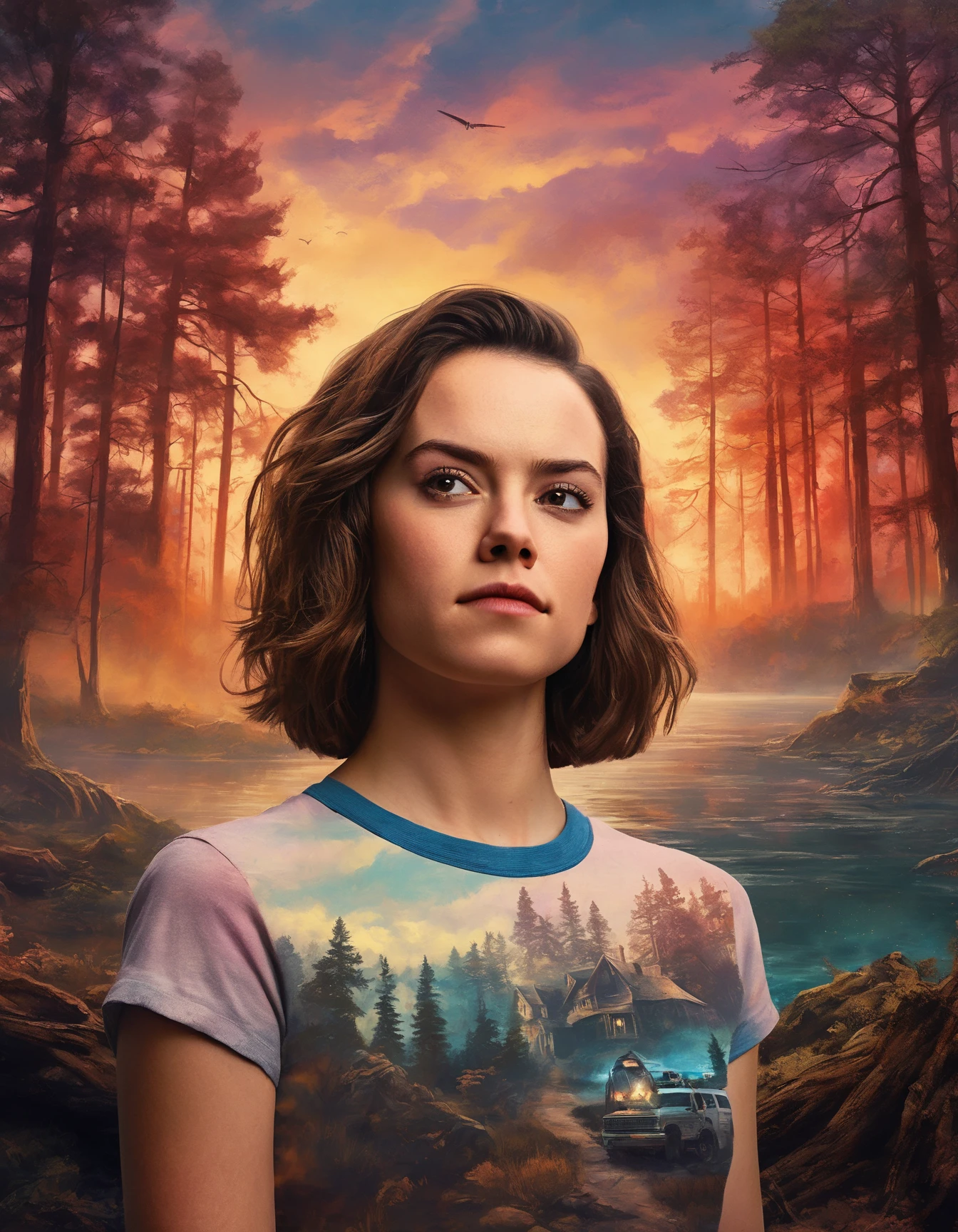 ohwx woman in unsettling frightening stranger things upside down, long hair, digital art by greg rutkowski and thomas kinkade in a surreal portrait style. high detailed 8k wallpaper with comic book text on it! trending atrstation!! muted colours!!! very coherent symmetrical artwork!!!! conceptart contest winner award winning masterpiece beautiful landscape painting of the year 2032 sunset dramatic dark atmospheric cinematic lighting low angle hd 4x <lora:daisy_lora_sdxl_v1-000008:1>