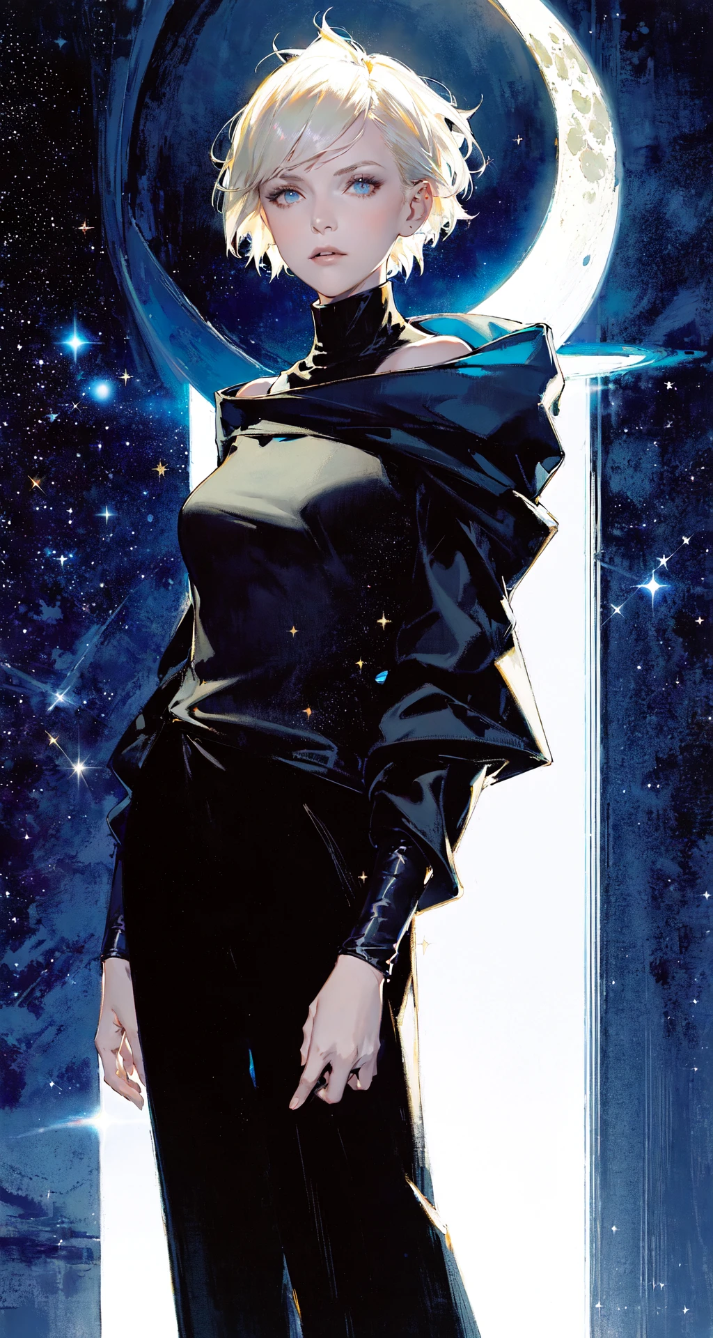 masterpiece, best quality, 1girl, short hair, platinum blonde hair, turtleneck, open jacket, trousers, off shoulder, dark moody lighting, night sky, night, starry sky, (moon, full moon, glittering, sparkle, light particles:1.1)