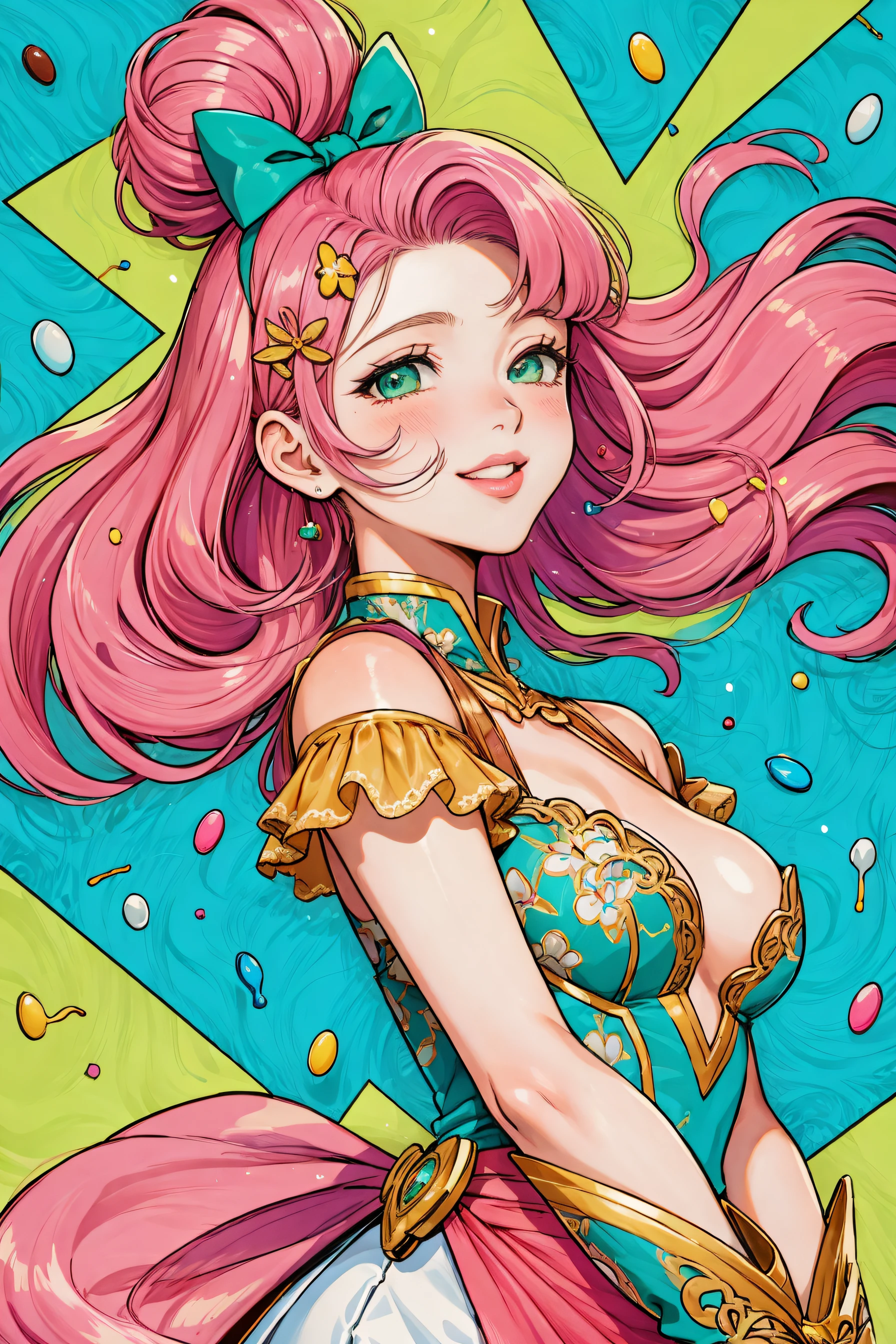 (Masterpiece, Best Quality), highres, Manga, (2d), (Traditional Media:1.2), official art 1woman, (solo), dynamic, portrait, retro artstyle, a cartoon character on a colorful background, art by ro_g_(oowack), wide shot, (mature female:1.2), fire emblem heroes, [outline], (upper body:1.2), Pale pink hair, Fern green eyes, (detailed deep eyes), half-closed eyes, (tsurime), (lips, nose, long face:1.2), (aged up:1.2), elegant, curvy, [tall female], medium breasts, very long hair, (long sidelocks), fringe trim, alternate hairstyle, expressive, Ayami Kojima, light smile, flirting, translucent skirt, appliques, candy trim, bubblegum, blush, surprised, treats, chocolate bar, high detail illustration, lineart, space art, pool of honey and syrup, [confetti], ice cream, candy_hair_ornament , wrapped candy, sweet, gelatin, bow, hair clip, v-line (Midi dress), adapted costume, frills, cute fantasy, shiny, cinematic lighting:1.1, scenery, (glaze), high heel boots, lace trim, contrast, extremely detailed, intricate, (Details:1.2), Clothing style,  Clothing print, (alternate costume:1.1), (full body), (transparent background:1.2), floating particles, pop art, art deco,  <lora:stylized3DModelLora_v10:0.3>