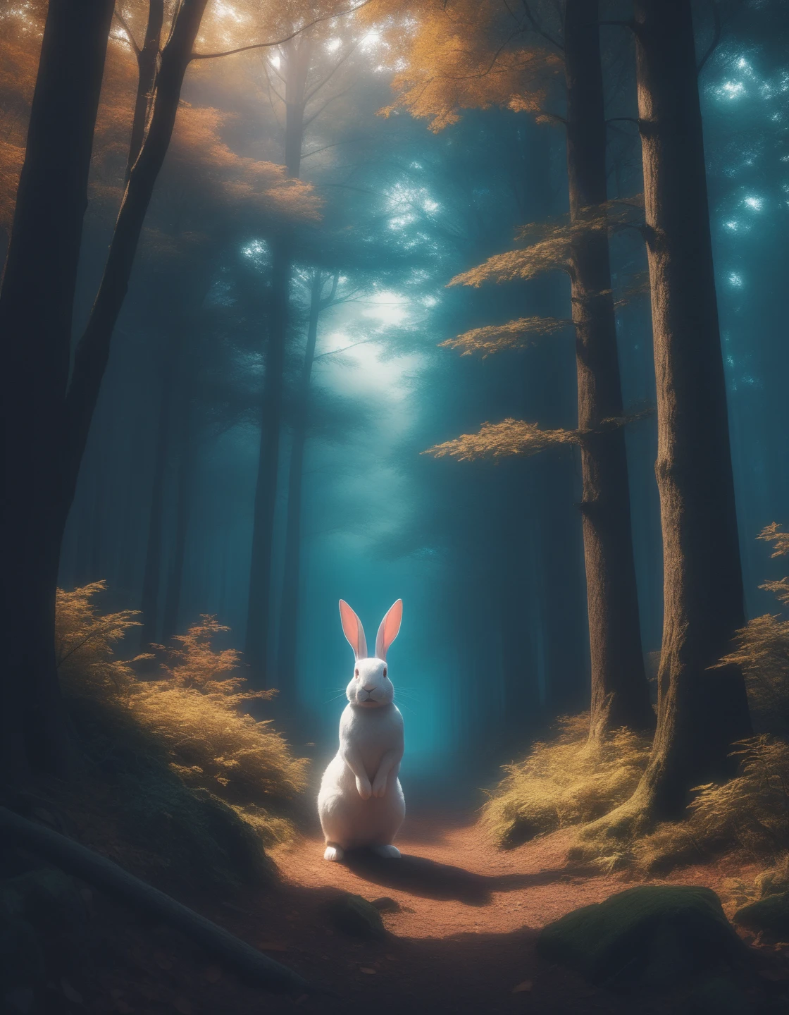triadic colors, 8K, VRay, Fuji superia 400, Berlin Secession, Rembrandt lighting, (Elusive Great Rabbit :1.3) , Striking, Ascii Art, dense trees, Peace, Serial Art, space, award winning, a look of shock ,