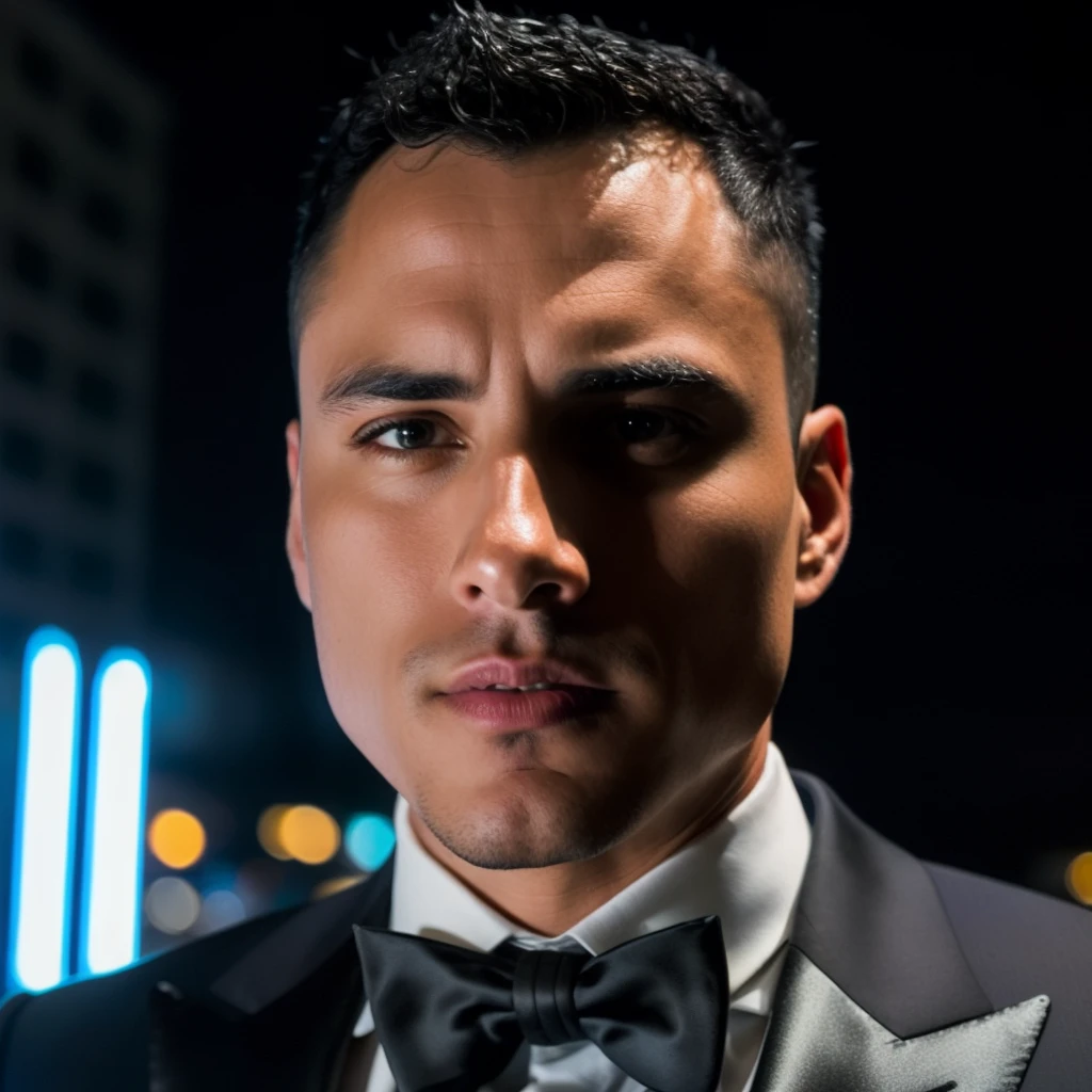face portrait of rogerparra person using a tuxedo, in blade runner, professional photography, high resolution, 4k, detailed photo, <lora:rogerparra_36000:1>