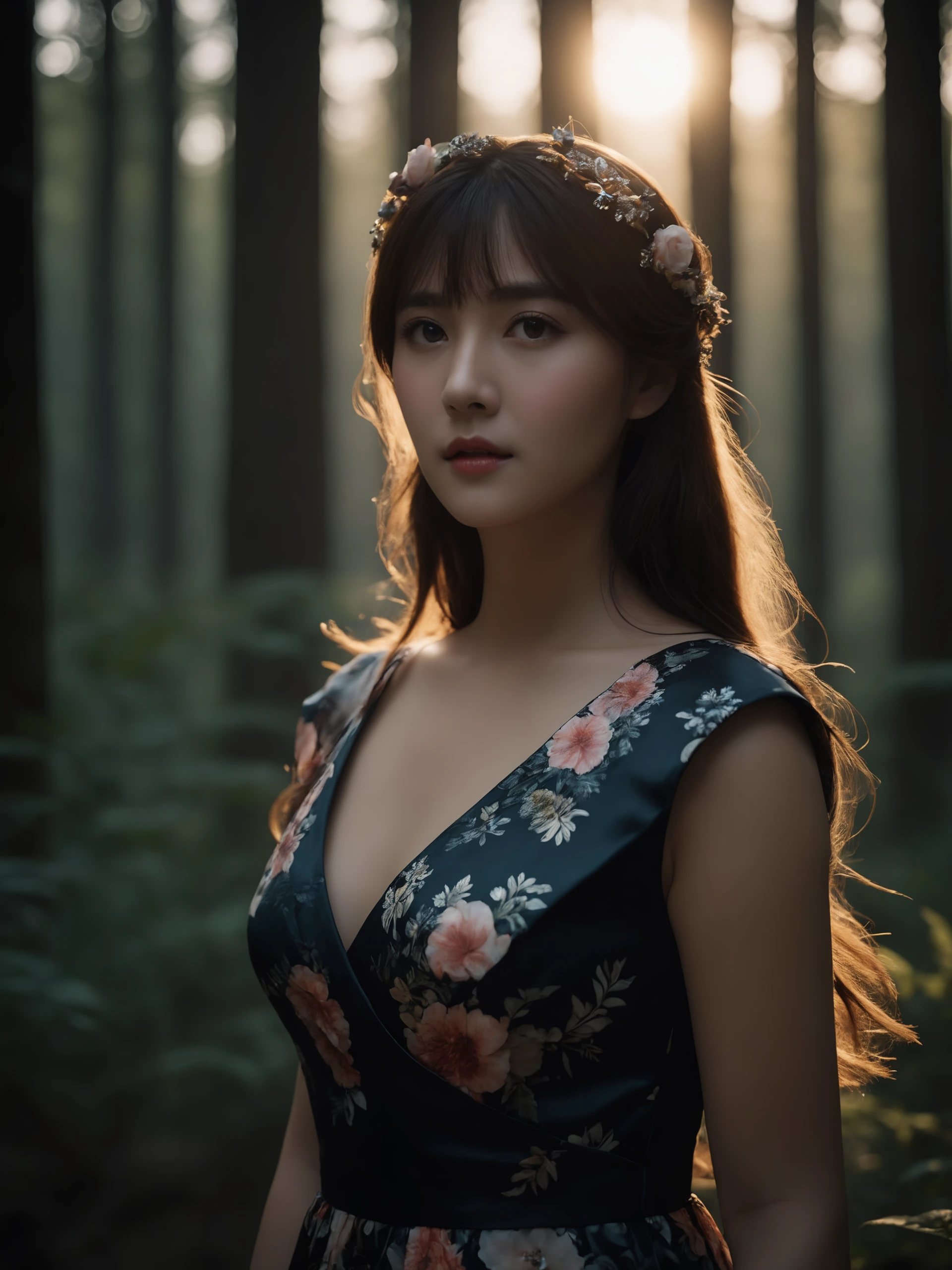 <lora:LoRA-mix-sdxl-v3:0.65>,cinematic photo {sll,zls,ssyy,looking at viewer,profile,forest,darkness,night,floral dress,sunbeam,upper body,hair accessories} . 35mm photograph,realistic,high quality,highres,professional,4k,highly detailed,professional,realistic photograph