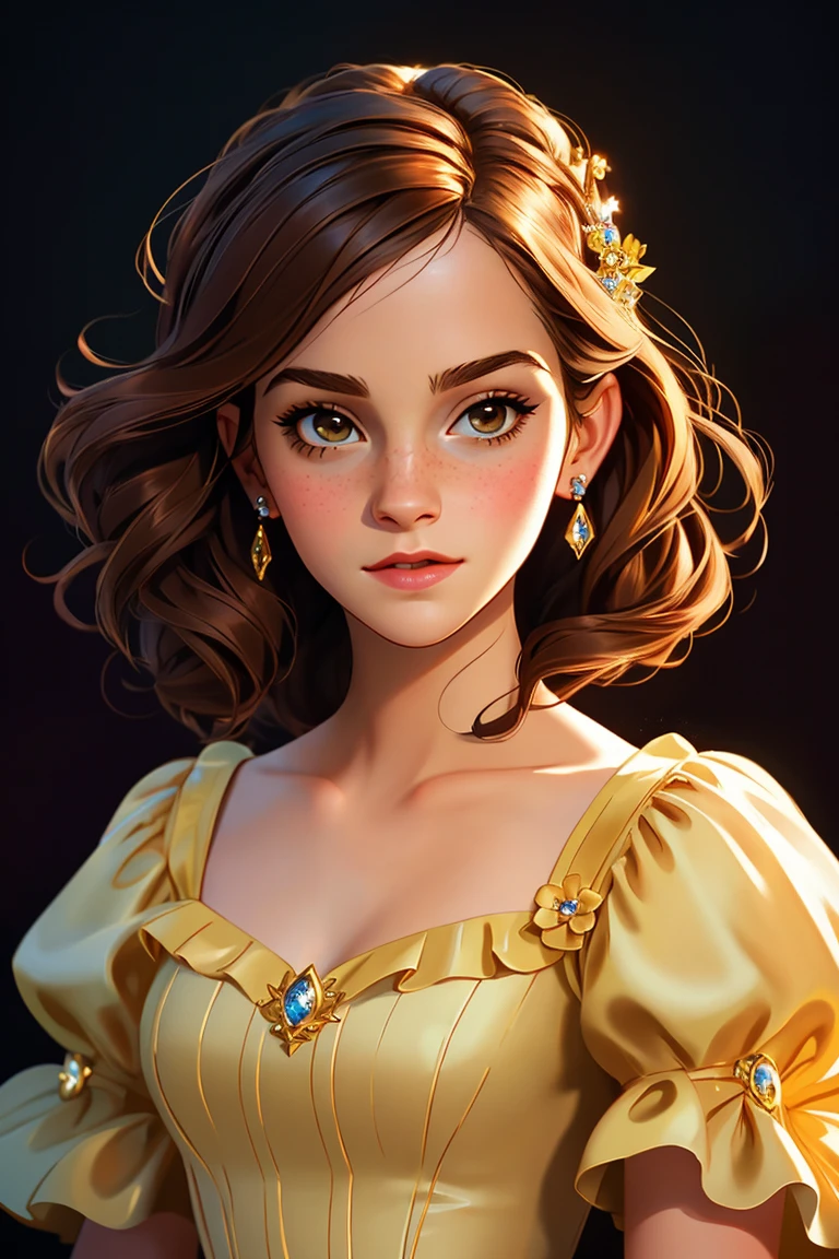 (princess),emma watson, belle from beauty and the beast,disney style,cute girl,full shot body, most beautiful artwork in the world, professional majestic oil painting, trending on ArtStation, trending on CGSociety, Intricate, High Detail, Sharp focus, sharp image,hd, realistic reflects,dramatic, photorealistic painting art, catoonized, pinterest,