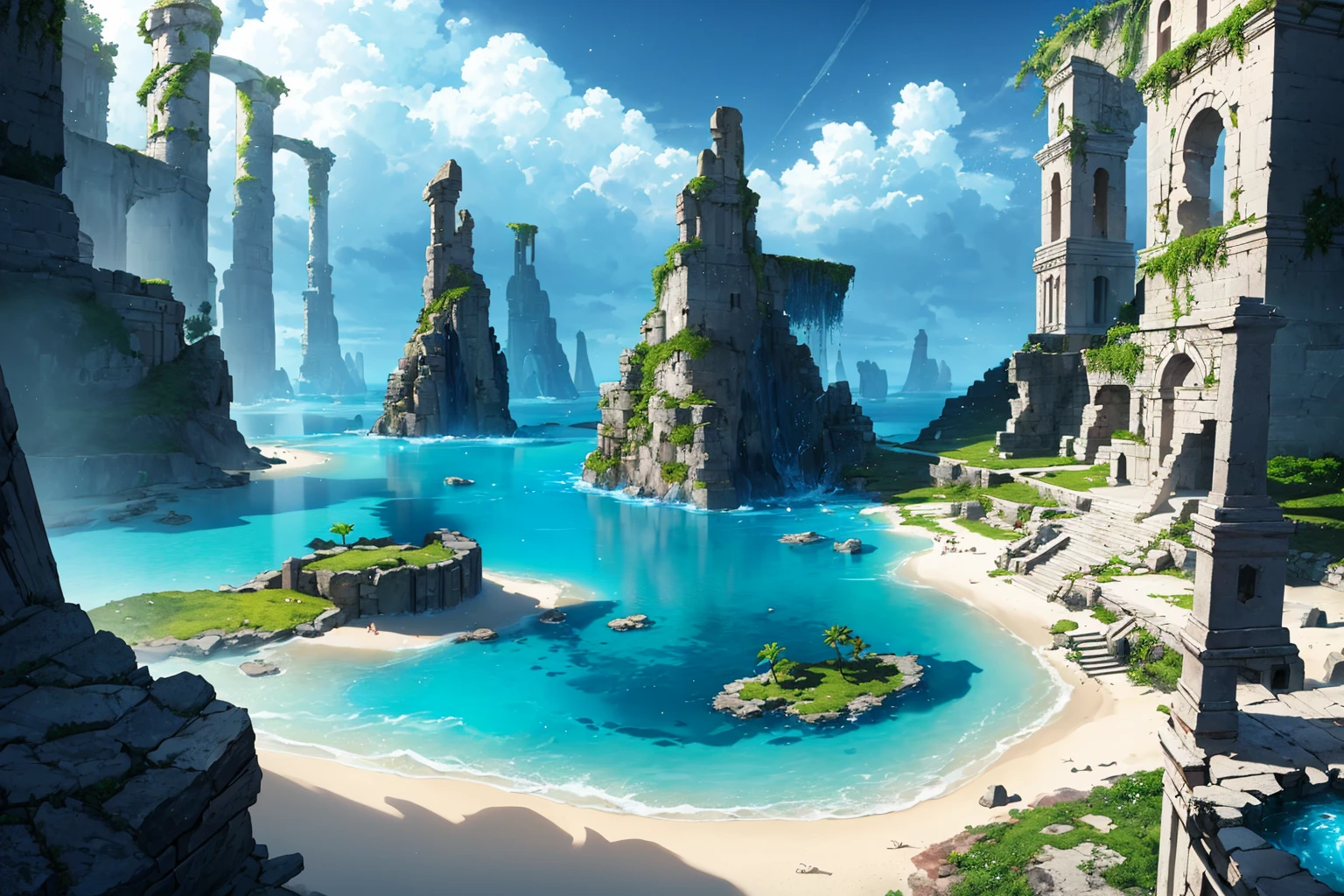 8k, (Top Quality:1.2), (Masterpiece:1.3), <lora:watervfxCreateMore_v1:0.2>, (ultra-detailed), epic, deep depth of field, Spiral water, natural lighting, particles, water, floating, controlling the water, colorful, beach, tropical island, fantasy, lost city, ancient ruins, scenery, extremely detailed background, caustics