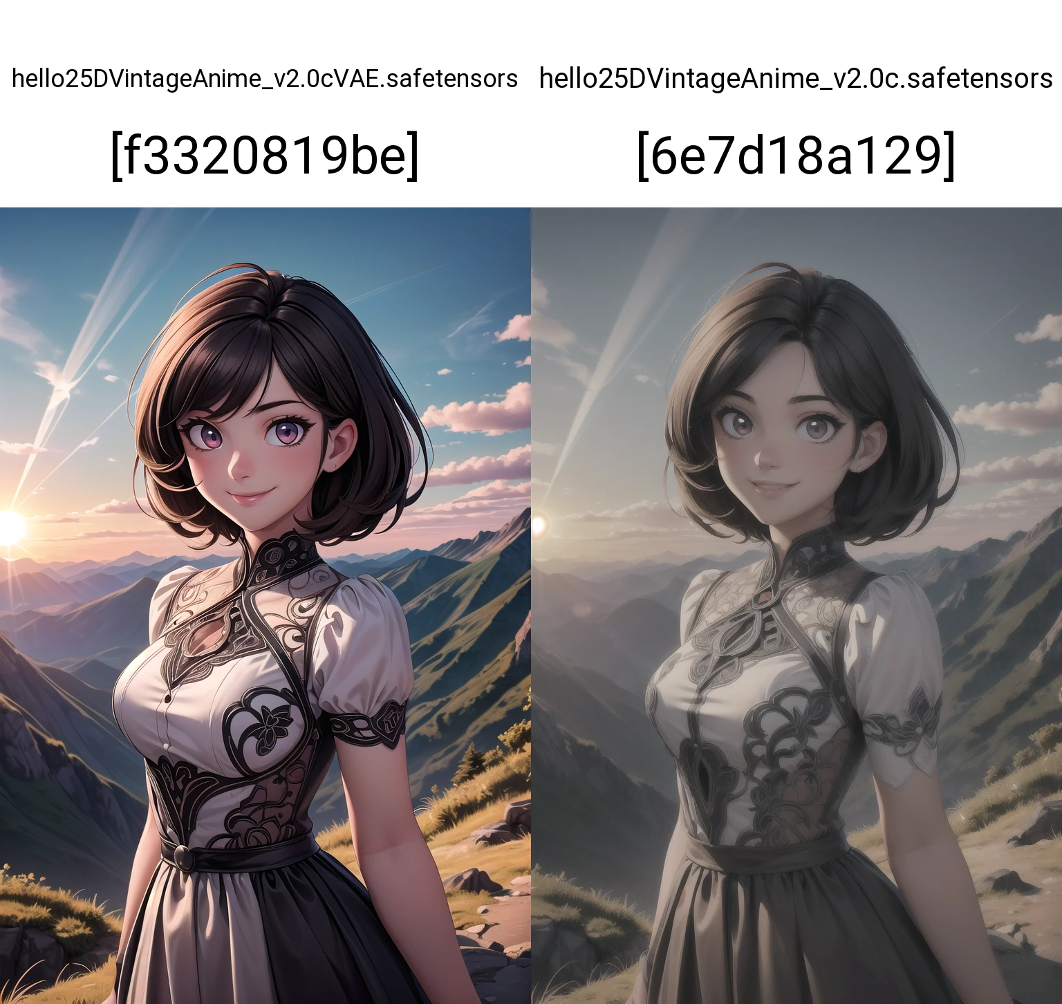 Cowboy Shot, glowing eyes,(masterpiece, best quality:1.4), (beautiful, aesthetic, perfect, delicate, intricate:1.2),(absurdres, highres, ultra detailed),best quality, masterpiece,Dark hair, dark eyes, upper body, sun flare, outdoors, mountain, valley, sky. clouds, smiling,, <lora:more_details:0.5>, <lyco:GoodHands-beta2:0.8>, <lora:AudreyHepburn:0.3>