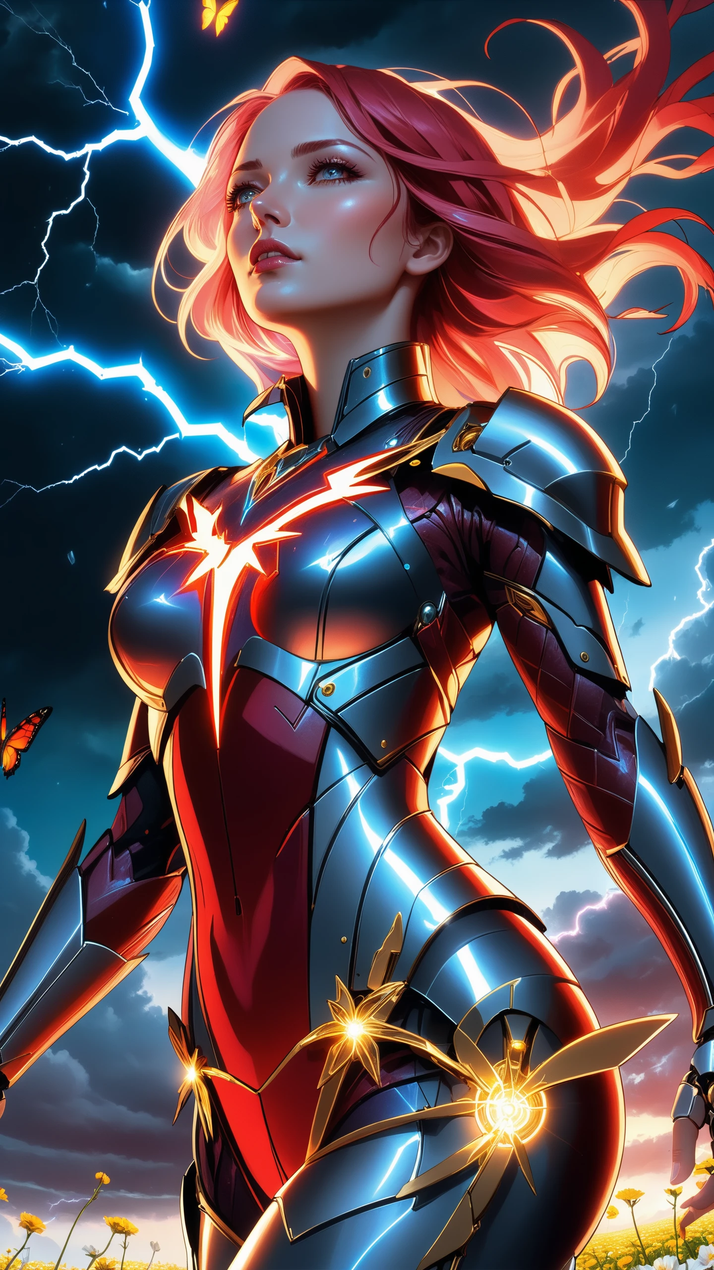 a photo directly of the night sky, ultra-detailed dark cloudy sky, lightning, glowing lighting, dark themed, storm clouds, dappled light thunder clouds, (masterpiece, intricate, absurdres), red bloody veins growing and intertwining out of the darkness, oozing thick red blood, veins growing and pumping blood, vascular networks growing, connecting, explanding, detailed lightning, technicolor, vibrant, broken glass, glass broken, shattered glass, in space, time clock, going back in time, void of scape, a mythical journey through space and time, (masterpiece, best quality), (1mechanical girl), (closing eyes), mechanical arms, upper body, ultra detailed, highly detailed, cinematic lighting, intricate details, colorful butterflies, (flowers growing on the mechanical body), (vines connecting to body), (detailed damaged cape), mecha, robot, detailed shiny armor, (warm light), (specular light:1.2), (flower field background:1.4), (glowing runes)