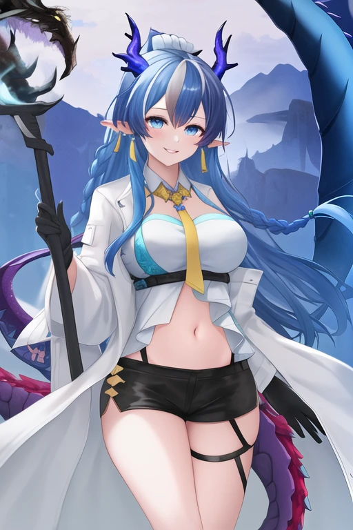 masterpiece, best quality, highres, solo, {ling_arknights:1.10}, blue_hair, horns, long_hair, dragon_horns, pointy_ears, very_long_hair, blue_eyes, breasts, jewelry, earrings, smile, necktie, braid, bangs, dragon_girl, yellow_necktie, multicolored_hair, large_breasts, tail, dragon_tail, parted_lips, streaked_hair, 1girl, black_gloves, black_shorts, coat, gloves, holding, long_sleeves, looking_at_viewer, open_clothes, shirt, shorts, cowboy_shot, open_coat, short_shorts, white_coat, navel, white_shirt, wide_sleeves, staff, holding_staff