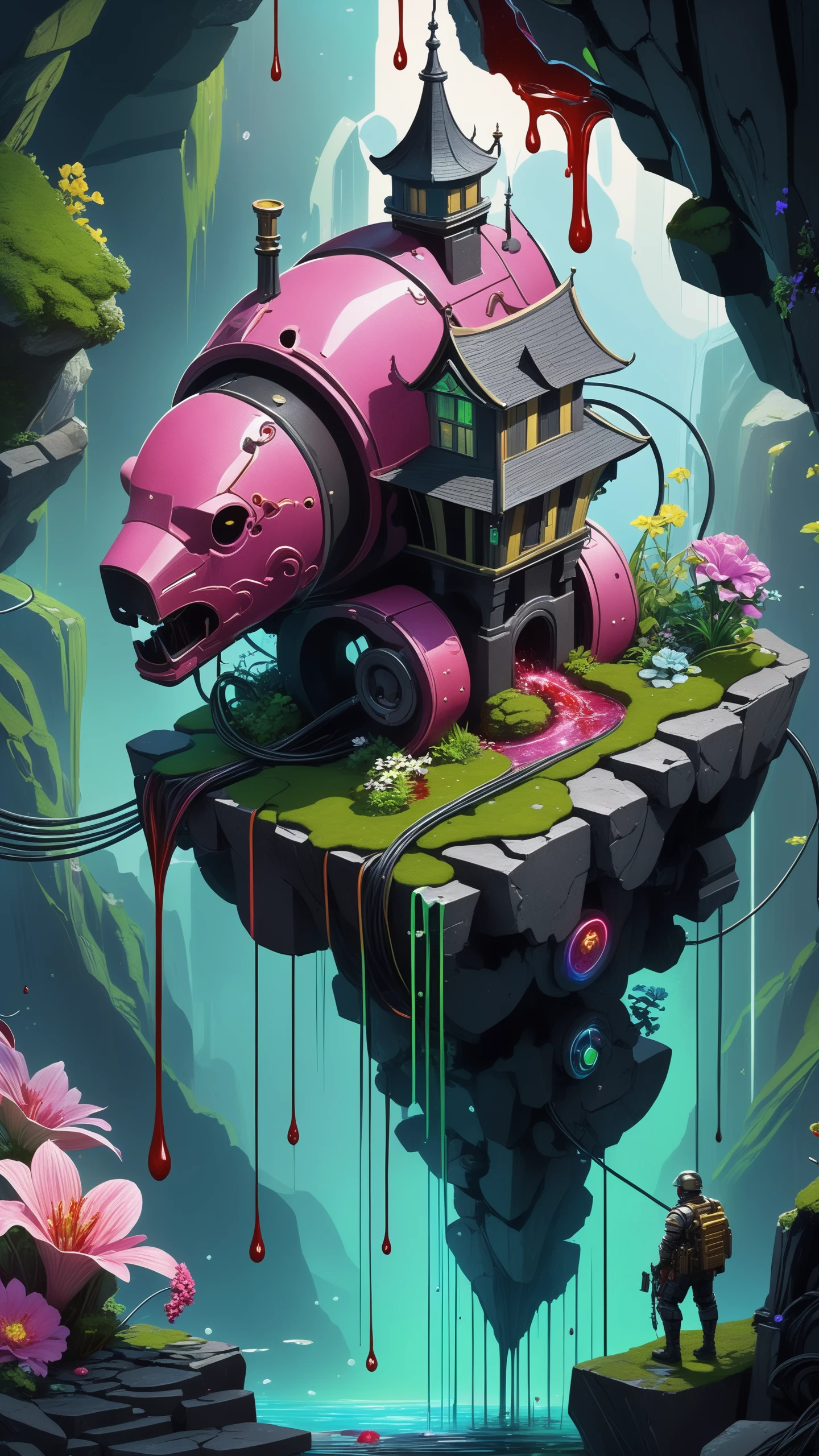(mystical universe:1.2), (isometric 3d art of floating rock citadel), cobblestone, flowers, verdant, stone, moss, fish pool, (waterfall:1.2), cottage, ((1mechanical man)), solo, full body,(machine made joints:1.2), ((machanical limbs)), (rainbow blood vessels connected to tubes), (green mechanical vertebra attaching to back), ((mechanical cervial attaching to neck)), (wires and cables attaching to neck:1.2), (wires and cables on head:1.2), (blood:1.5), ((colourful blood splashes on background)), dynamic angle, beautiful detailed glow, (Captivating), (Intricate Detailed Cinematic Background), scary, blood splatter, swirling black light around the character, black light particles, (broken glass), magic circle, grotesque scene, (holy war action scene, intricate battlefield), (Bloodbath:1.1), pink rain, (raining blood)