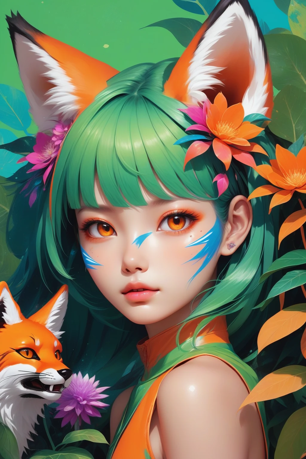 (masterpiece:1.1), (highest quality:1.1), (HDR:1.0), extreme quality, cg, (negative space), detailed face+eyes, 1girl, fox ears, animal ear fluff, (plants:1.18), (fractal art), (bright colors), splashes of color background, colors mashing, paint splatter, complimentary colors, neon, (thunder tiger), compassionate, electric, limited palette, synthwave, fine art, tan skin, upper body, (green and orange:1.2), time stop, sy3, SMM