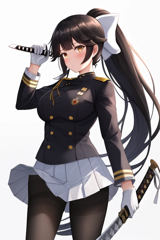 masterpiece, best quality, highres, solo, {takao_azurlane:1.10}, black_hair, long_hair, breasts, ponytail, bow, hair_bow, large_breasts, white_bow, very_long_hair, bangs, hair_flaps, brown_eyes, blush, miniskirt, military, yellow_eyes, sword, 1girl, gloves, holding, holding_sword, holding_weapon, katana, military_uniform, pantyhose, pleated_skirt, skirt, uniform, weapon, white_gloves, white_skirt, black_pantyhose, looking_at_viewer, sheath, long_sleeves, simple_background, white_background