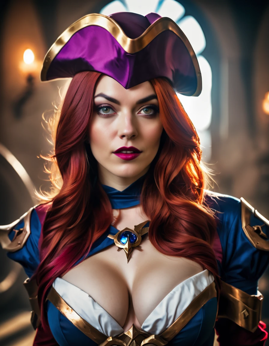 cinematic LUT, realistic photo of miraof dressed as a real life version of Miss Fortune from League of Legends, cosplay