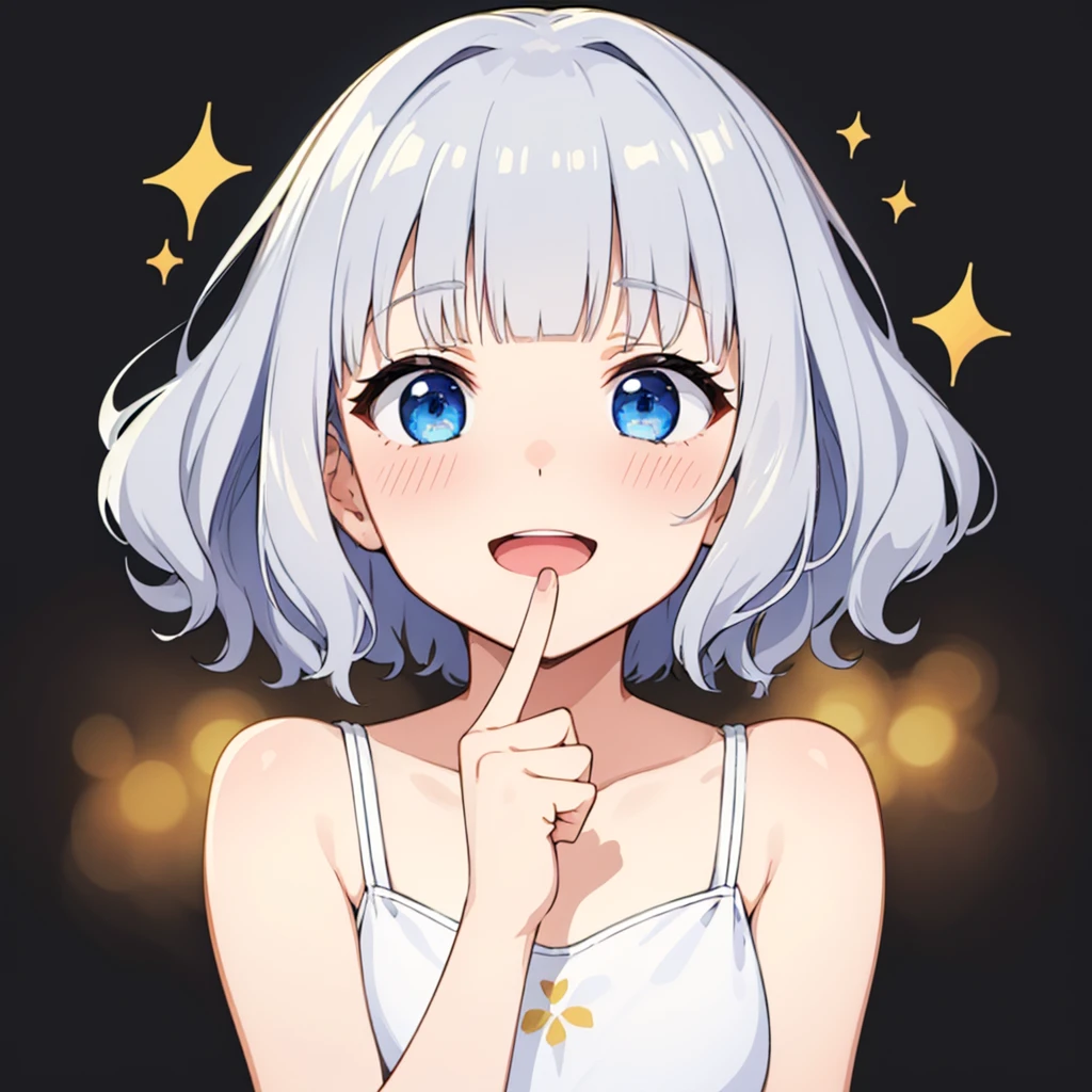 (masterpiece, best quality,) 1girl,
short hair, blue eyes, silver hair, wavy hair, blunt bangs, blush, heavy breathing, open mouth, smile, dress,
speed lines, simple background,
