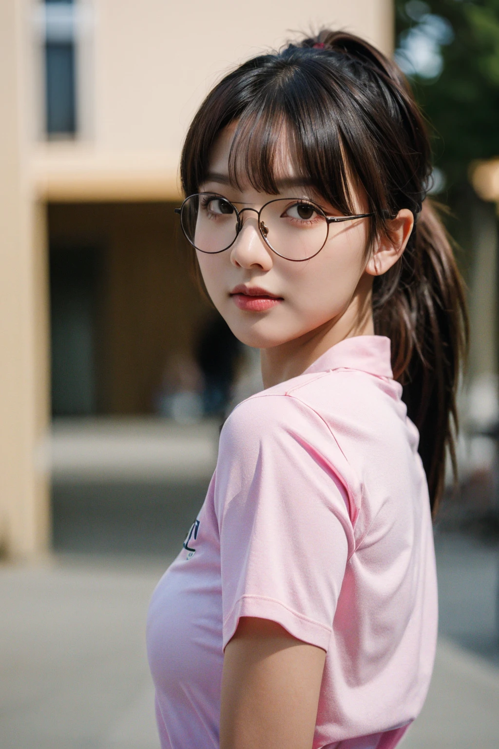(best quality:1.4), (ultra highres:1.2), (photorealistic:1.4), (8k, RAW photo:1.2),(portrait shot:1.3), pinomyim, 1girl, solo, long hair, bangs, looking at viewer, blackhair, brown eyes, shirt, upper body, ponytail, long hair, glasses, round eyewear, <lora:pinomyim-000004:0.65>