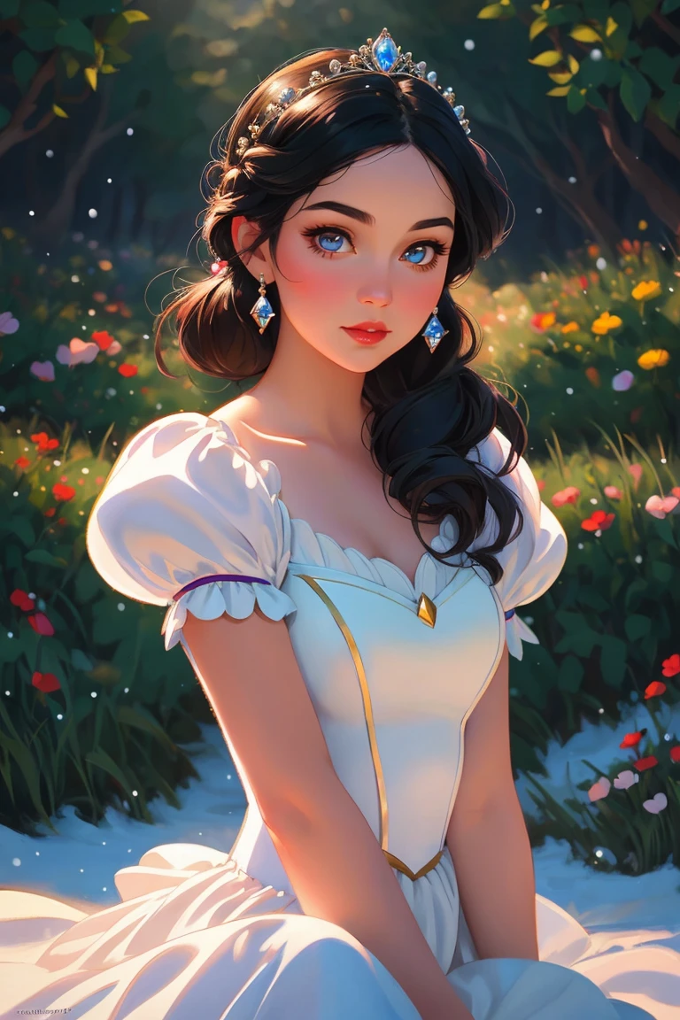 (princess),Snow White from Snow White and the Seven Dwarfs,disney style,cute girl,full shot body, most beautiful artwork in the world, professional majestic oil painting, trending on ArtStation, trending on CGSociety, Intricate, High Detail, Sharp focus, sharp image,hd, realistic reflects,dramatic, photorealistic painting art, catoonized, pinterest,