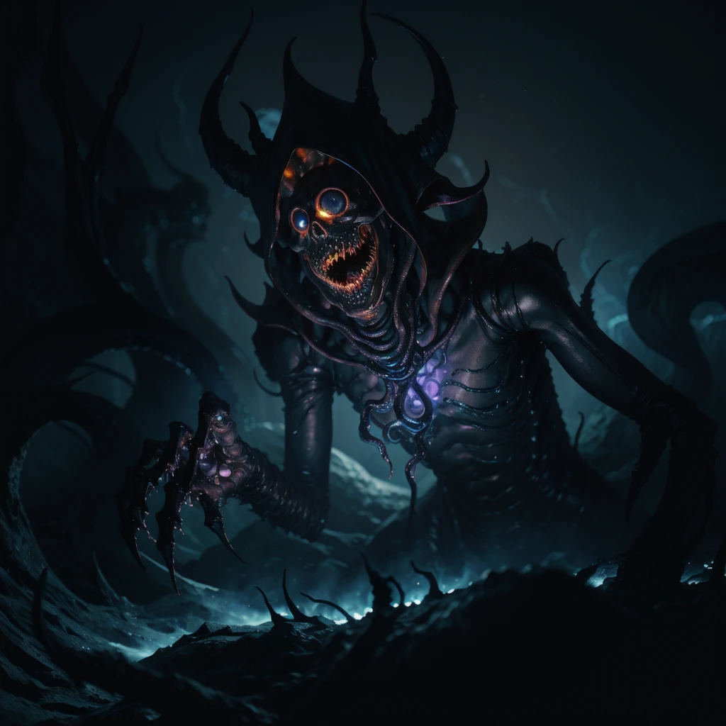 close-up of eldritch lich from side in action pose surrounded by void magic looking at viewer, (intricate details), (****), eldritch, (nightmare), insane, horror \(theme\), glow, glowing eyes, death, bones, blue magic smoke, toxic, glowing eyes, volumetric lighting, unique pose, dynamic pose, dutch angle,
<lora:InstantPhotoX3:0.5>,<lora:add_detail:0.5>, <lora:fansty world_20230601105102:.4>, <lora:LowRA:.2>,