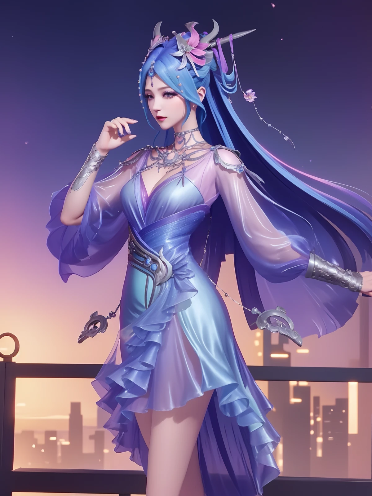 <lora:WZRYdiaochanHQG_20230808165104:0.75>,WZRYdiaochanHQG,1girl,mature female,looking at viewer,cityscape,night,hair ornament,dress,jewelry,long hair,see-through sleeves,metal trim,makeup,eyeshadow,cowboy shot,