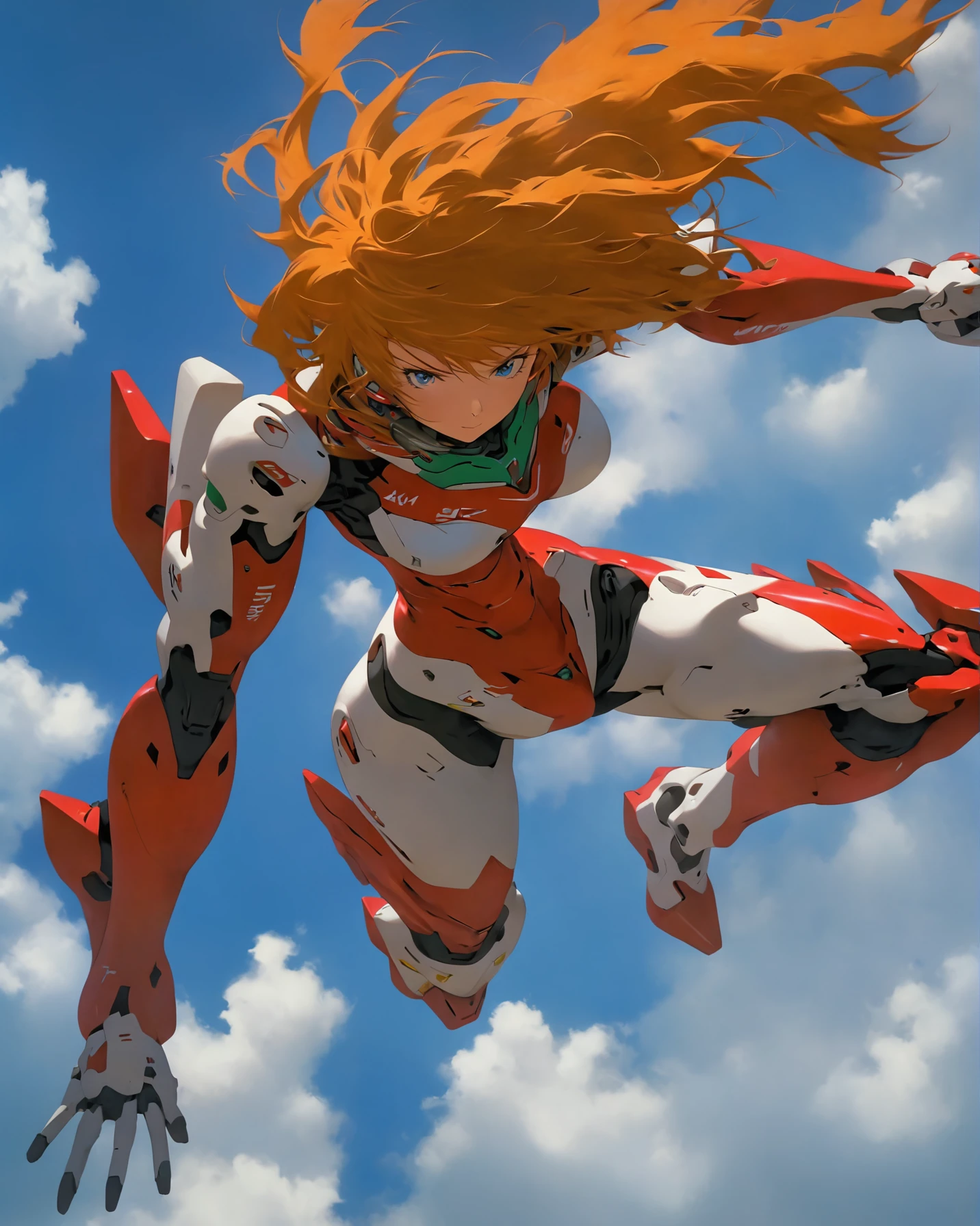 1girl, plugsuit, souryuu asuka langley, long hair, blue eyes, letterboxed, sky, red bodysuit, bodysuit, eva 02, cloud, robot, solo, mecha, breasts, orange hair, science fiction, blue sky, day, pilot suit, looking at viewer, outdoors, bangs, closed mouth, floating hair, standing, cowboy shot, medium breasts, interface headset, from below, bird, evangelion (mecha) <lora:offset_0.2:1>