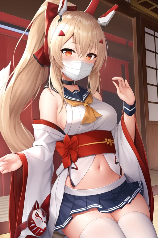 masterpiece, best quality, highres, solo, {ayanami_azurlane:1.10}, long_hair, ponytail, headgear, bangs, hair_between_eyes, sidelocks, hair_ornament, blonde_hair, breasts, blush, orange_eyes, midriff, retrofit_\(azur_lane\), navel, serafuku, red_eyes, 1girl, fox_mask, looking_at_viewer, mask, wide_sleeves, bow, hair_bow, japanese_clothes, mask_on_head, long_sleeves, hairclip, pleated_skirt, skirt, thighhighs, white_thighhighs, bare_shoulders, detached_collar, kimono, sleeves_past_fingers, sleeves_past_wrists, smile, zettai_ryouiki