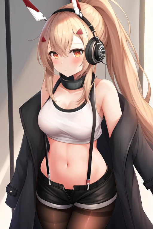 masterpiece, best quality, highres, solo, {ayanami_azurlane:1.10}, long_hair, ponytail, headgear, bangs, hair_between_eyes, sidelocks, hair_ornament, blonde_hair, breasts, blush, orange_eyes, midriff, retrofit_\(azur_lane\), navel, serafuku, red_eyes, 1girl, black_pantyhose, black_shorts, headphones, looking_at_viewer, pantyhose, short_shorts, shorts, bare_shoulders, legwear_under_shorts, coat, high_ponytail, off_shoulder, open_clothes, suspenders, black_jacket, brown_pantyhose, jacket, medium_breasts, open_coat, suspender_shorts