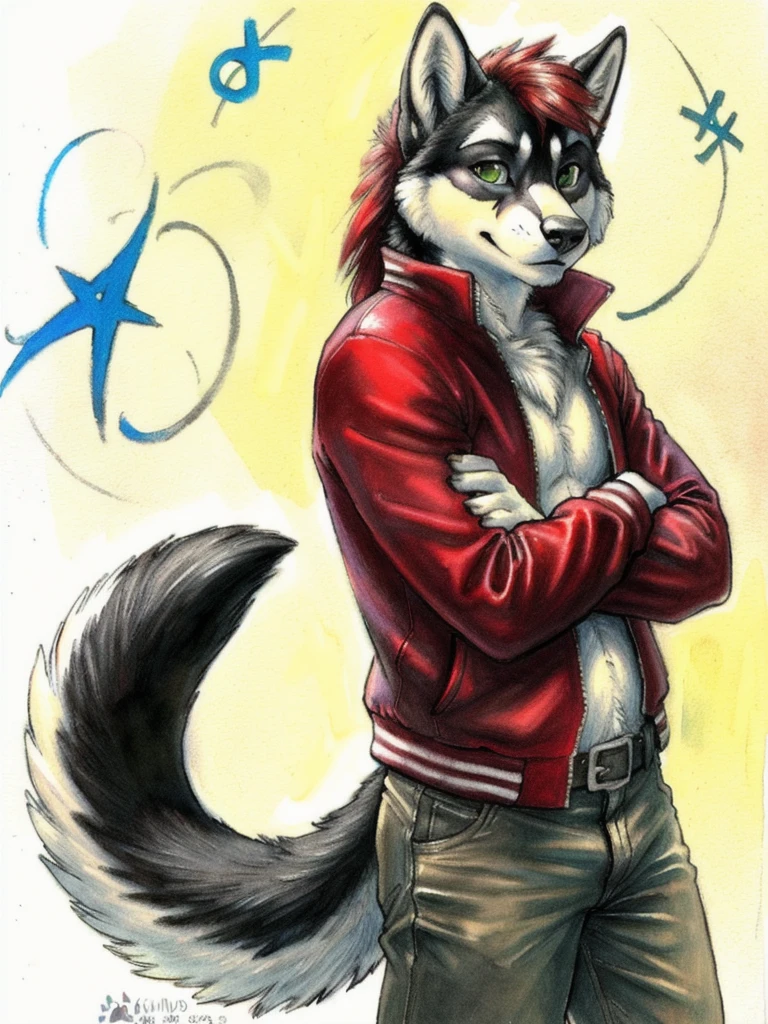 masterpiece, anthro, solo, gradient_background,
anthro (canine, husky),
(by ewgengster \(artist\), by ruaidri, by sicklyhypnos, by tush, by daigaijin, by nirvana3, by ryuuzenga, by longinius, by toots, by blotch), (traditional media \(artwork\)):1.25,
(clothed, scars, red_hair, green_eyes, pants, jacket, pupils, curled_tail, tail, 5_fingers):1.25, (runes, sigils, symbols):1.5,
<lora:add_detail:1>