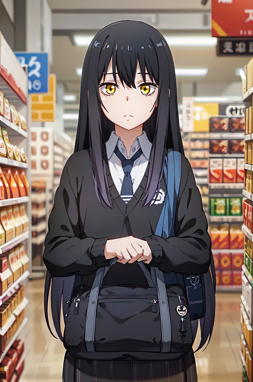 (extremely detailed CG unity 8k wallpaper), (masterpiece), (best quality), (ultra-detailed), (best illustration), (best shadow), (absurdres), 1girl, solo, <lora:miko-09:0.7>,miko, 1girl, solo, long hair, yellow eyes, bag, school uniform, black hair, school bag, necktie, sweater, looking at viewer, multicolored hair, supermarket