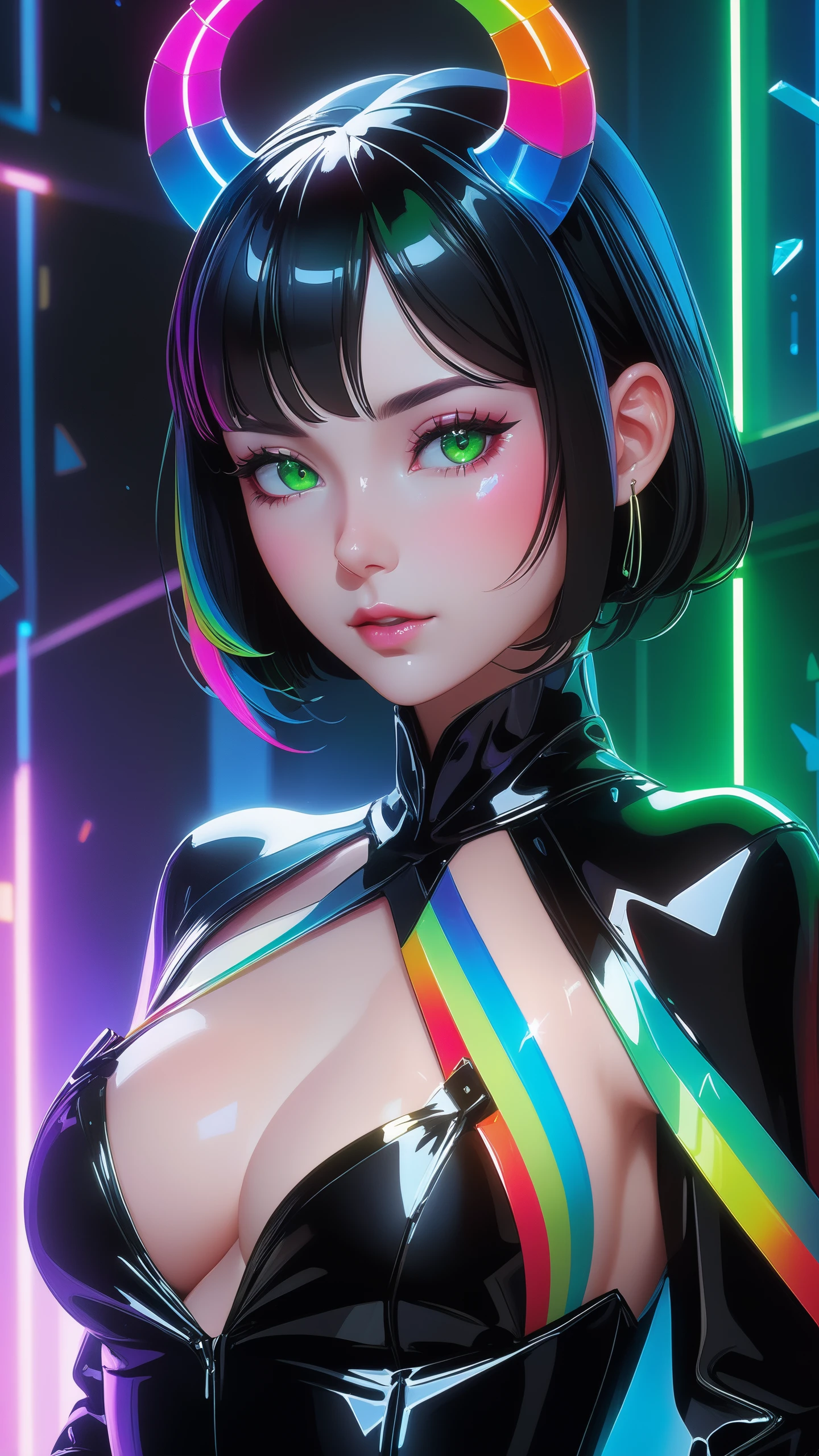 frilly hairstyle, latex dress, torso, body, 8k, ultra-detailed, highres, rainbow skin, shattered glass effect, (best quality, masterpiece:1.2), (deformad neon light:1.3), soft particles of fractal fire, volumetric lighting, (masterpiece, best quality), 1girl, intricate details, 8k, artstation, wallpaper, official art, splash art, sharp focus, dark atmosphere, black coat, black dress, white sleeves, sleeves past finger, sleeves past wrists, horns, (cottagetore), (geometric:1.2), futurism, impressionist, detailed, majestic, breathtaking, (suggestive:1.3), (depressing:1.3), (cute:1.2), enticing, (irresistible:1.3), disturbing, fascinating, (magnetic:1.2), (green), latex clothing, suggestive position, latex costume, Depth of field, vivid color, rainbow bloody veins growing and intertwining out of the darkness, (nailed wire), oozing thick blue blood, sharp neon, veins growing and pumping blood, vascular networks growing, under water
