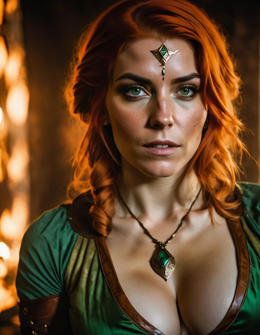 cinematic LUT, realistic photo of miraof dressed as a real life version of Triss Merigold, cosplay