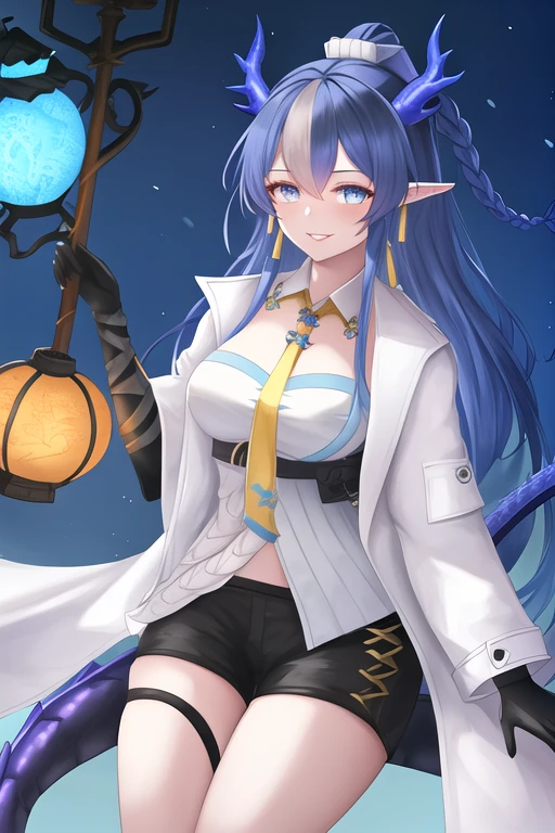 masterpiece, best quality, highres, solo, {ling_arknights:1.10}, blue_hair, horns, long_hair, dragon_horns, pointy_ears, very_long_hair, blue_eyes, breasts, jewelry, earrings, smile, necktie, braid, bangs, dragon_girl, yellow_necktie, multicolored_hair, large_breasts, tail, dragon_tail, parted_lips, streaked_hair, 1girl, black_shorts, coat, gloves, holding, looking_at_viewer, open_clothes, open_coat, shirt, shorts, white_shirt, black_gloves, gourd, short_shorts, white_coat, boots, elbow_gloves, lantern, long_sleeves, staff, thigh_strap, white_footwear