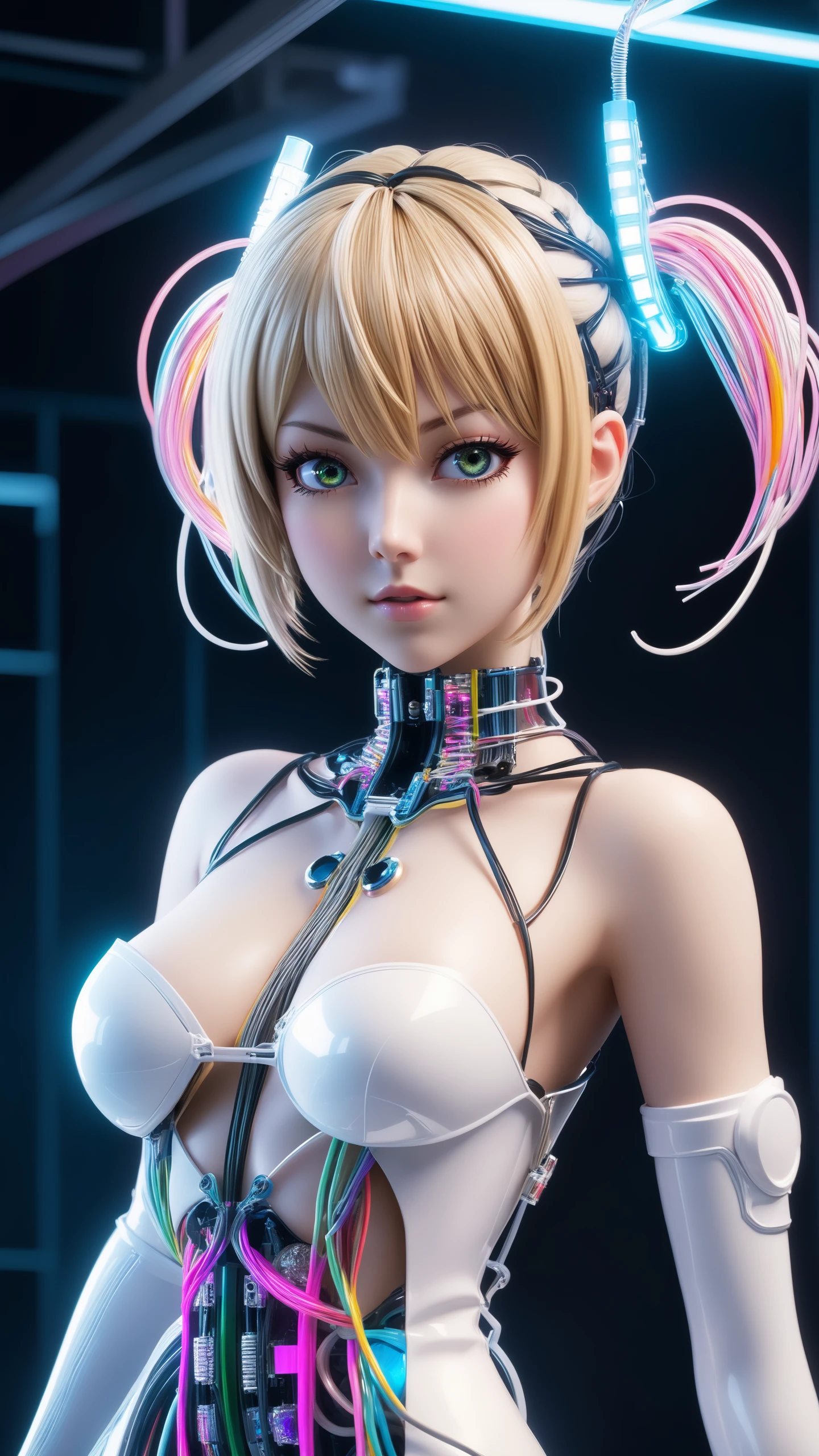 (scandinavian girl:1.2), cute face, long hair, frilly hairstyle,(full),latex dress, torso, body, 8k, ultra-detailed, highres, (best quality, masterpiece:1.2), (deformad neon light:1.3), soft particles of fractal fire,volumetric lighting, focus, colorful, ((extreme details)), glow, impossible figures, paradoxical art,paradox, impossible geometry, hypercube, Beautiful Psychedelic Trippy White Intricate Detailed Elaborate, solo, full body, (machine made joints:1.4), ((machanical limbs)), (explosed muscles), (blood vessels connected to tubes), (a brain in container:1.3), ((mechanical vertebra attaching to back)), ((mechanical cervial attaching to neck)), ((sitting)), expressionless, (wires and cables attaching to head and body:1.5), small breasts, short hair, (character focus), science fiction, misa amane, death note style