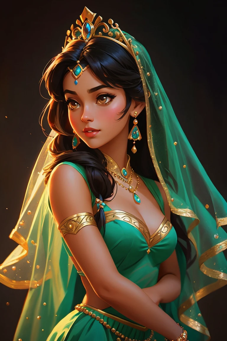 (princess),jasmine from aladdin,disney style,cute girl,full shot body, most beautiful artwork in the world, professional majestic oil painting, trending on ArtStation, trending on CGSociety, Intricate, High Detail, Sharp focus, sharp image,hd, realistic reflects,dramatic, photorealistic painting art, catoonized, pinterest,