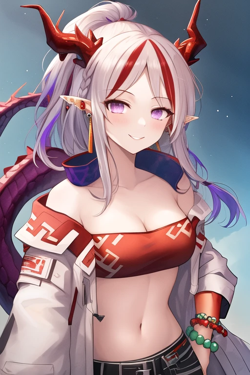 masterpiece, best quality, highres, solo, {nian_arknights:1.10}, horns, pointy_ears, white_hair, multicolored_hair, purple_eyes, red_hair, jewelry, streaked_hair, long_hair, bangs, breasts, smile, braid, dragon_horns, holding, bracelet, tail, colored_skin, beads, bead_bracelet, red_skin, medium_breasts, 1girl, bandeau, jacket, looking_at_viewer, open_clothes, strapless, tube_top, upper_body, white_jacket, earrings, midriff, crop_top, open_jacket