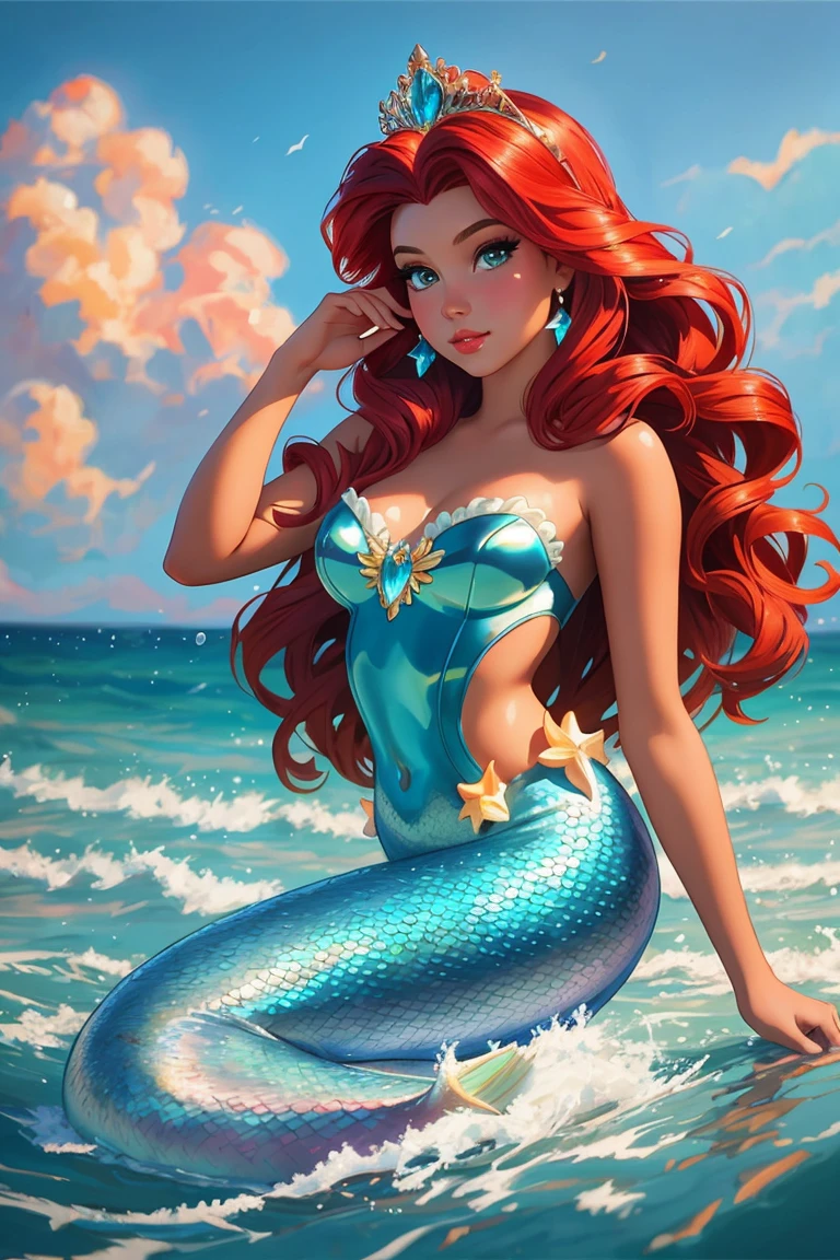 (princess),mermaid Ariel from The Little Mermaid,disney style,cute girl,full shot body, most beautiful artwork in the world, professional majestic oil painting, trending on ArtStation, trending on CGSociety, Intricate, High Detail, Sharp focus, sharp image,hd, realistic reflects,dramatic, photorealistic painting art, catoonized, pinterest,