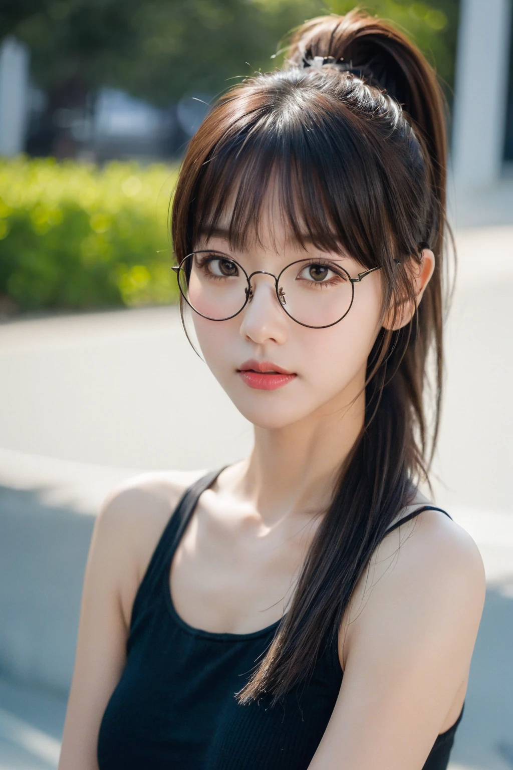 Generated in SFW, ((Upper Body Shot)), 1 Female, Beautiful Japanese Woman, Supermodel, 27 Talent, Focus on the face, (highest quality:1.4), (Realistic:1.5), (超Realistic:1.5), High resolution 32k UHD, (masterpiece:1.2), (Improvement of quality:1.4), (Very beautiful facial details), (highest qualityのリアルな質感の肌:1.4), ((Black-rimmed glasses)), Beige knit camisole, Emphasis on bust top, [Pink lipstick], Highly detailed face, Very thin and trimmed eyebrows, Symmetrical eyes, black eye, Beautiful Eyes, (Clear Eyes), (Fine eyelashes), (Highly detailed lips), (tired, Sleepy and satisfied:0.0), evening, (There is strong backlighting.), Shiny black hair, long hanging bangs, (Horizontal French Twist Hair), Slim figure, 