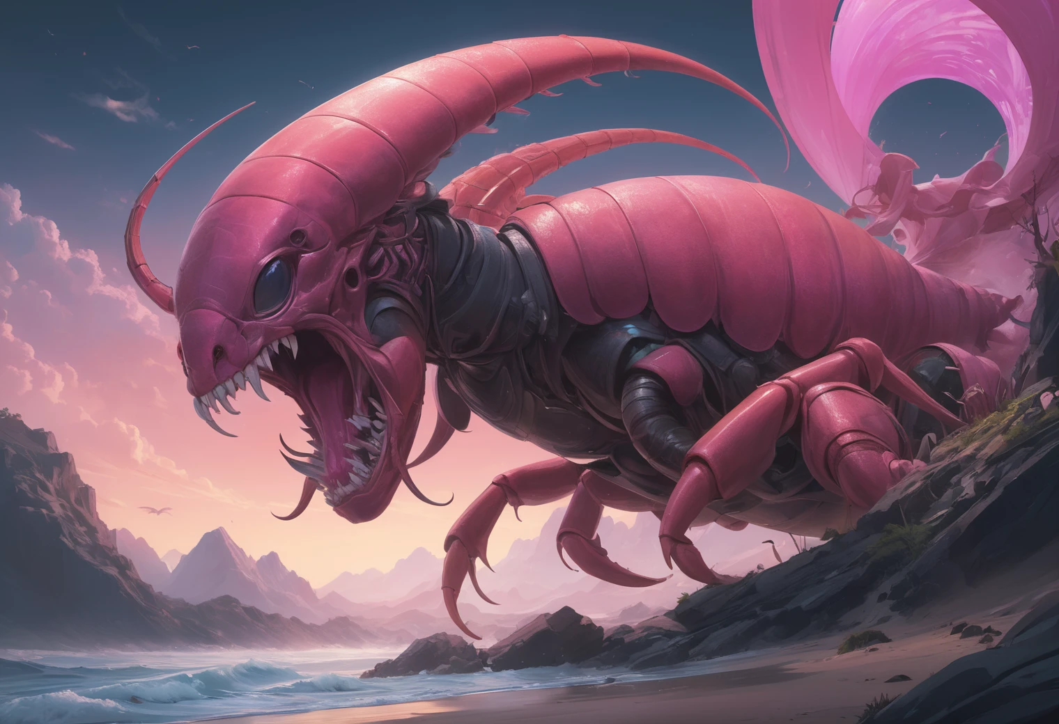 Tranquil, psychedelic colors, overly complex style, Dual Kawaii, [Flame|Victory], (Heartwarming Giant scorpion :1.3) , Enthralling, Grayscale, art by Alphonse Mucha, Deafening, Horror, Fuchsia sky, Frantic, [beach|space], Transfusion, most beautiful artwork in the world, Yelling upset angry ,