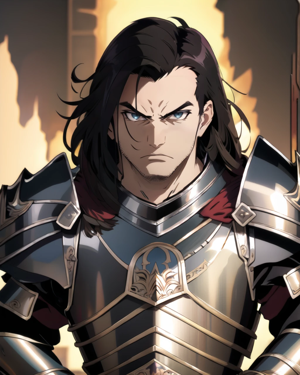1boy, armor, looking at viewer, upper body, long hair, angry, masterpiece, best quality,