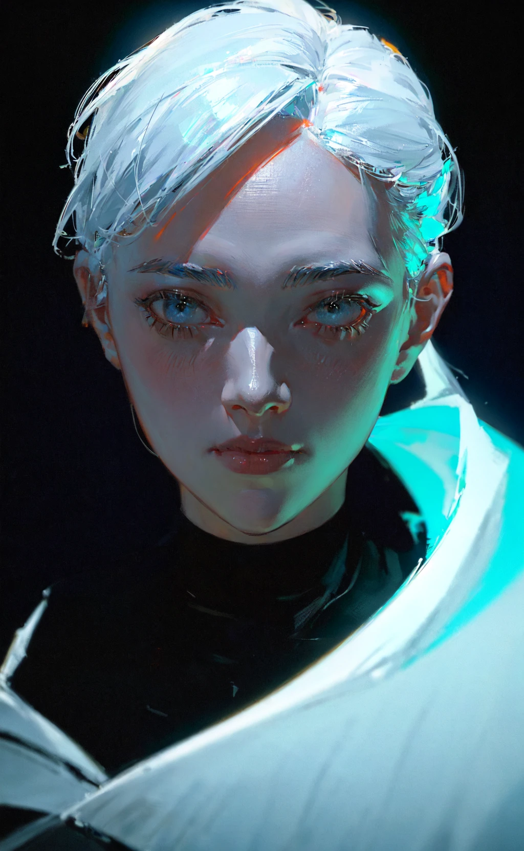 (editorial close-up portrait of cyber ghost), hack, code, cyborg, sci-fi, sharp focus, dof, bokeh, extremely detailed, intricate, realistic, (film grain), cinematic, POV, shot on nikon d850, film stock photograph, 4 kodak portra 400, f1.6 lens, rich colors, hyper realistic, lifelike texture, dramatic lighting, cinestill 800